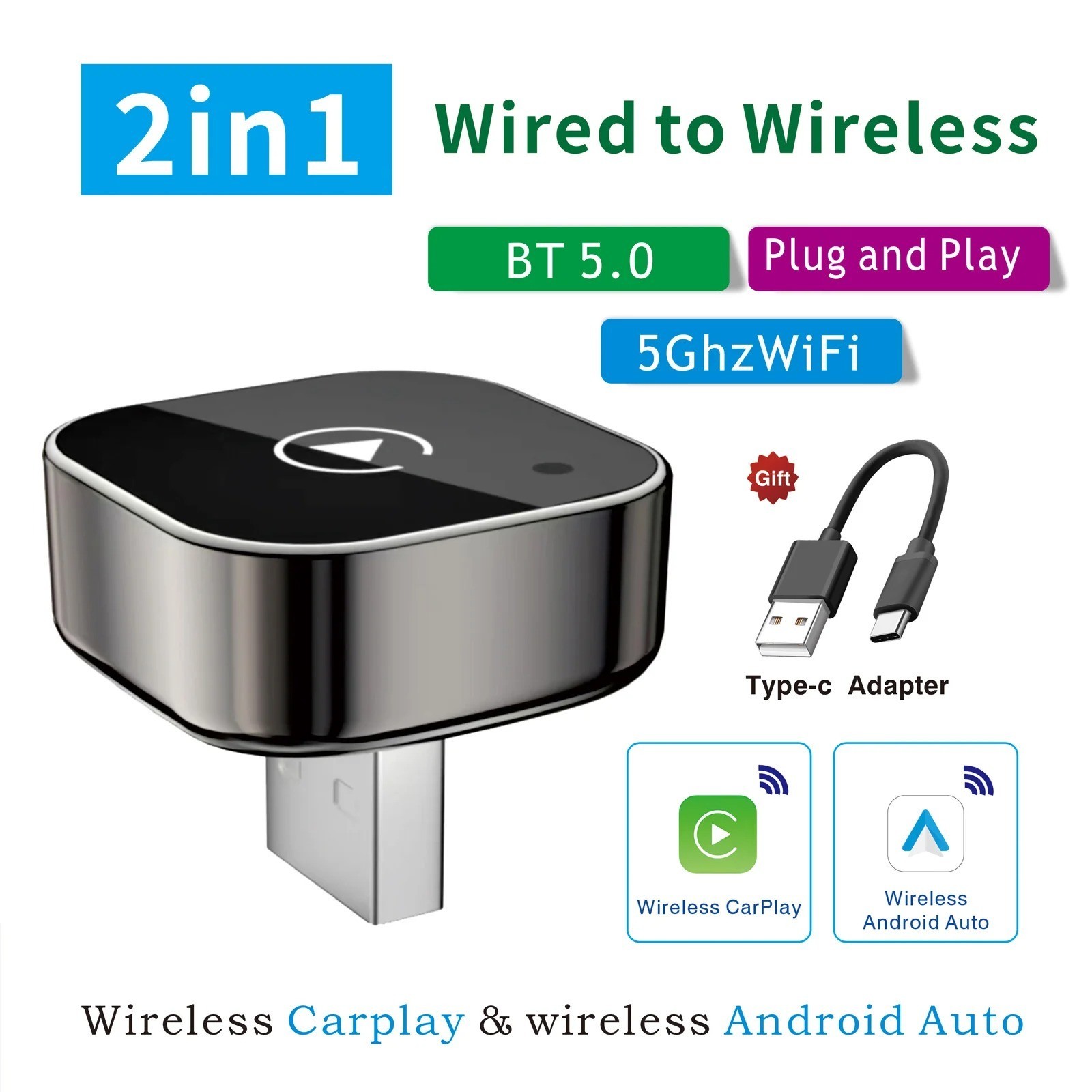 Wireless Carplay Android Auto Adapter USB Car Dongle Connect Box 2 in 1 Mini Box