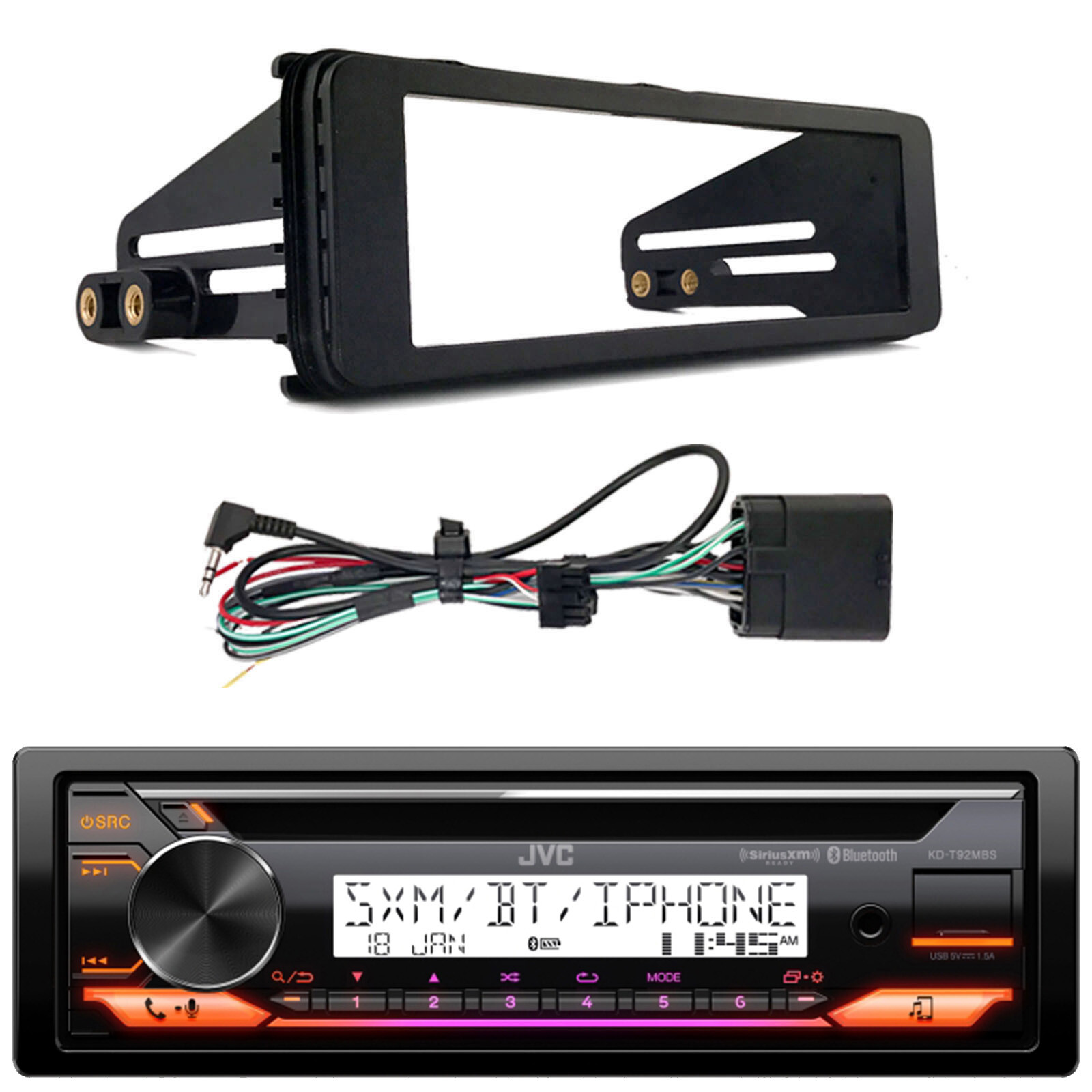 JVC KD-T92MBS Marine Bluetooth USB AUX CD Radio Receiver, Harley Install Kit