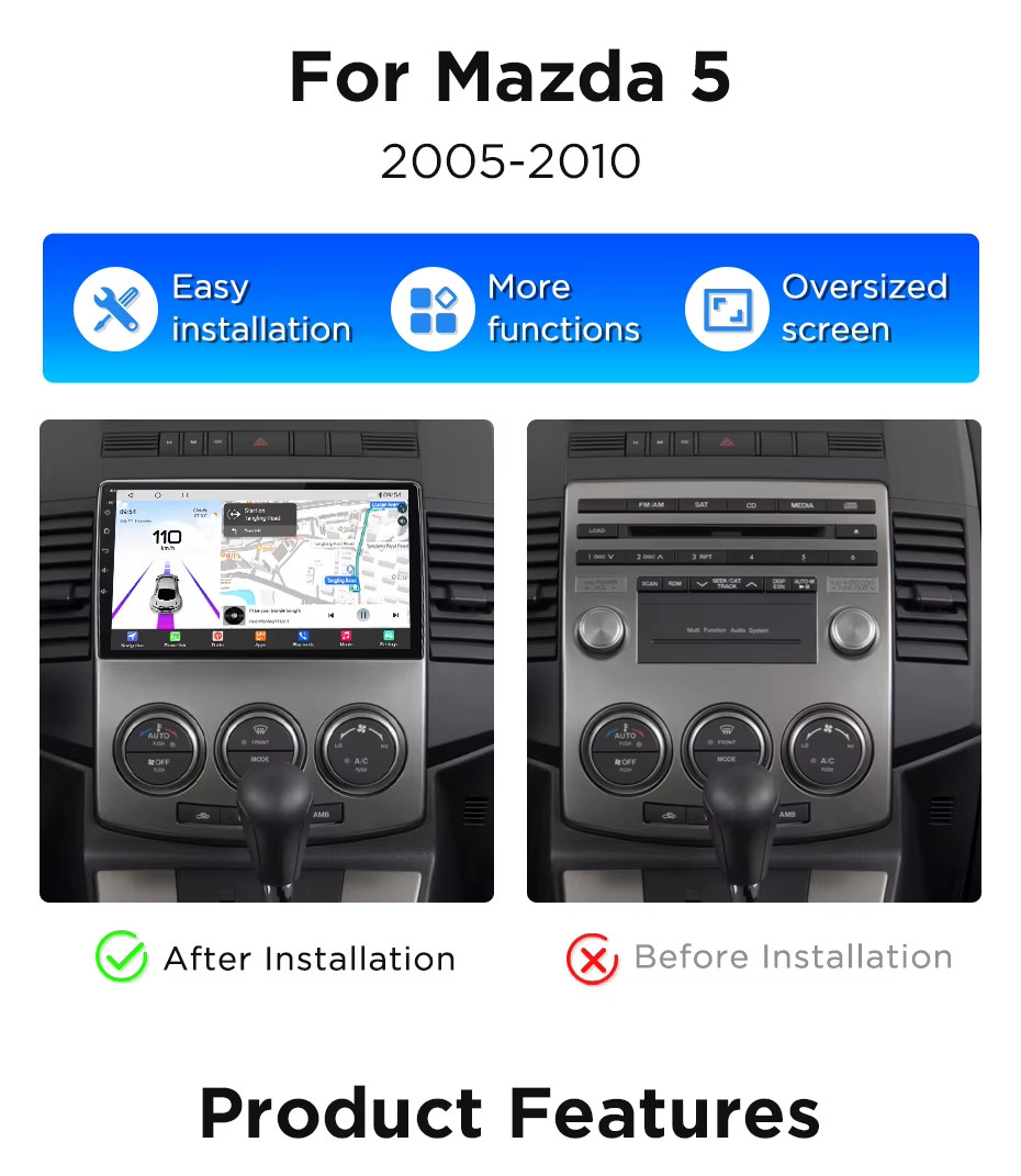 Junsun Android Car Stereo with Qualcomm for Mazda 5 2005-2010, Carplay and 360°