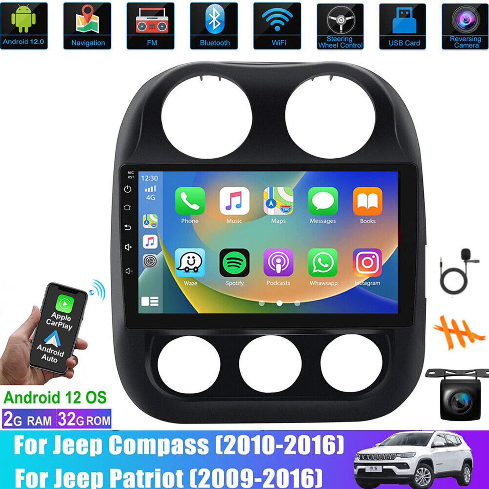 Android 12 Carplay Car Radio Gps Stereo Player Dsp 32GB For Jeep Patriot Compass