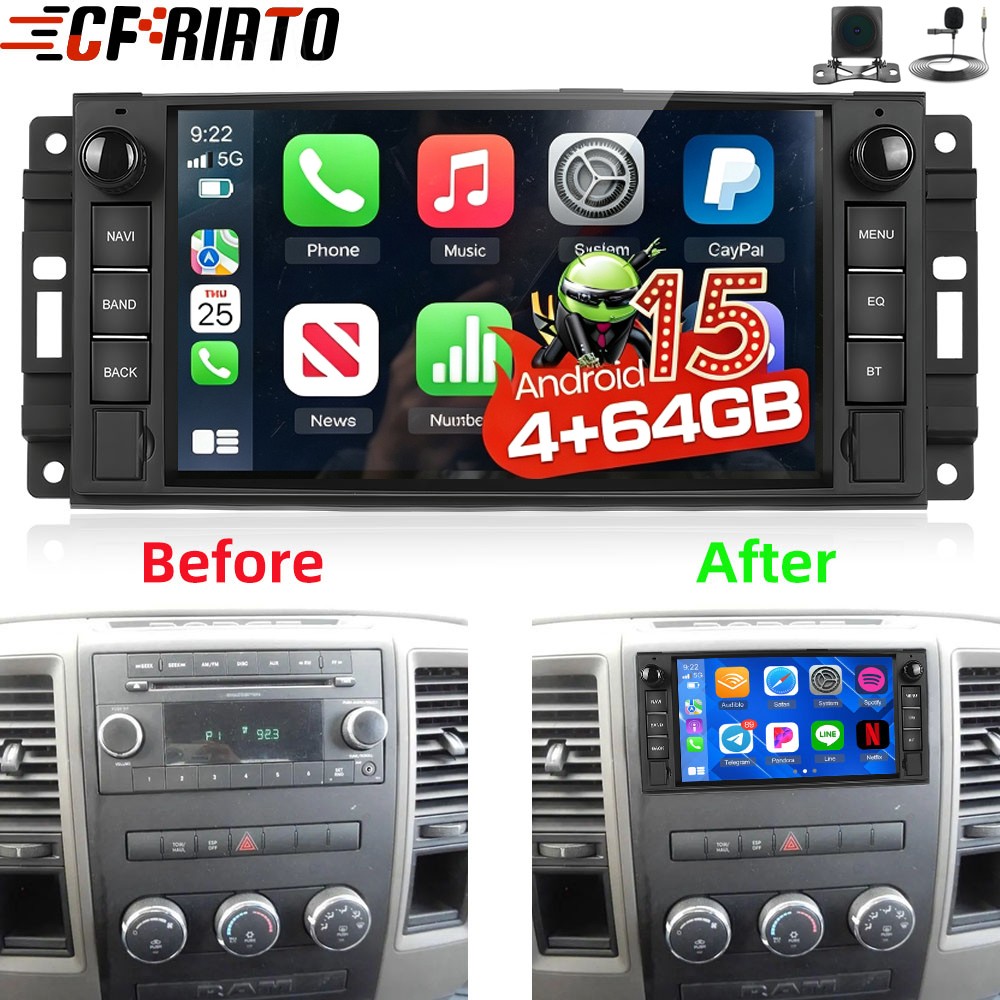 4+64GB Carplay For Dodge RAM 1500 2500 09-12 Android 15 Car Radio GPS Stereo Cam