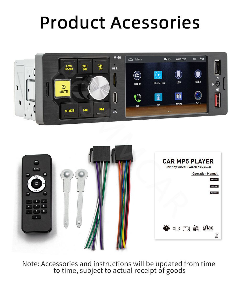 4.1in Car Radio Stereo Video Player 1 Din For CarPlay Android Auto TF/AUX/USB/FM