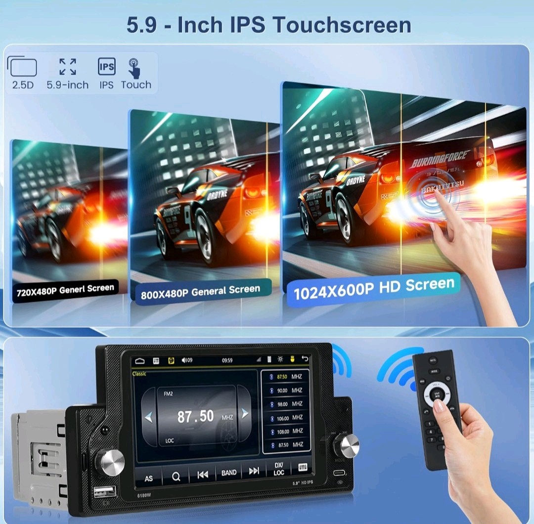 Single Din Car Stereo Wireless Carplay Android Auto 5.9 Inch IPS Touch Screen..