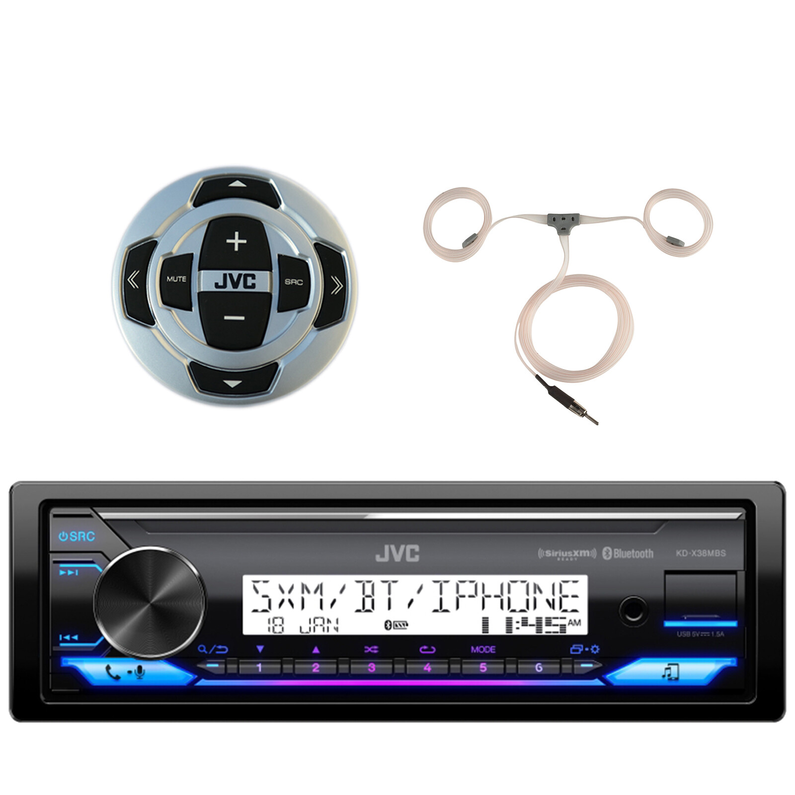 JVC KD-X38MBS Single DIN Bluetooth USB AUX Stereo Receiver, Remote, 22″ Antenna