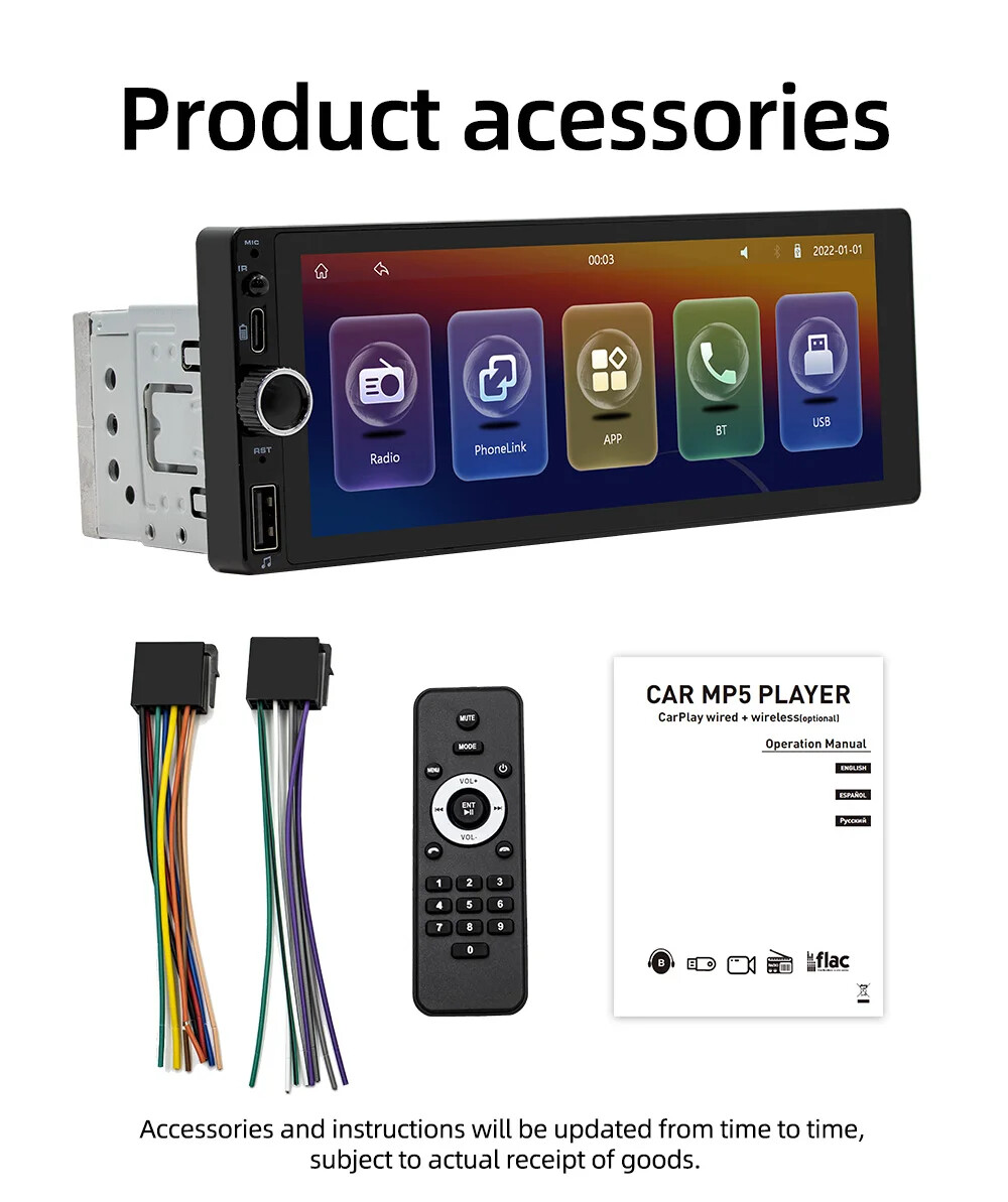 1din 6.86″ HD Car Radio Multimedia Carplay Touch Screen Mirror Link Bluetooth