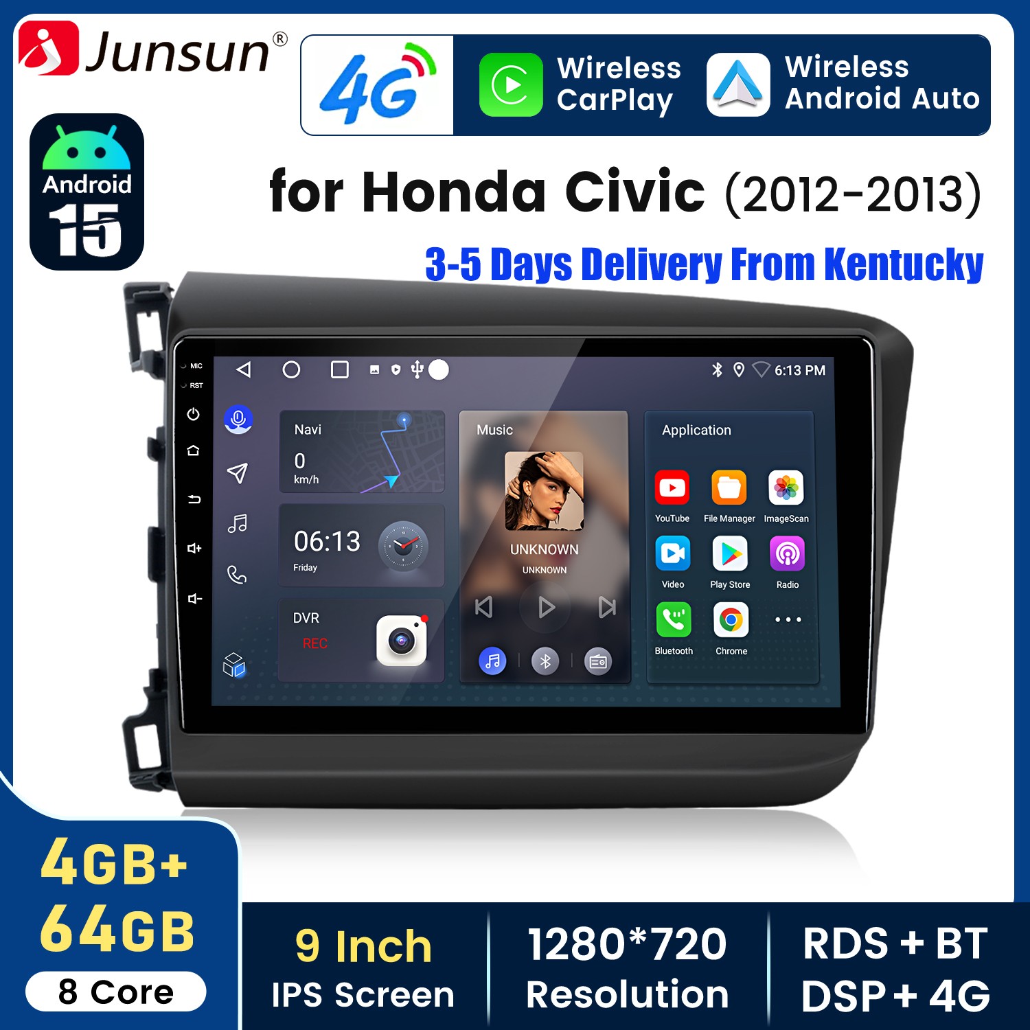 8Core 4+64GB Android15 Carplay Car Stereo Radio GPS WIFI For Honda Civic 2012-15