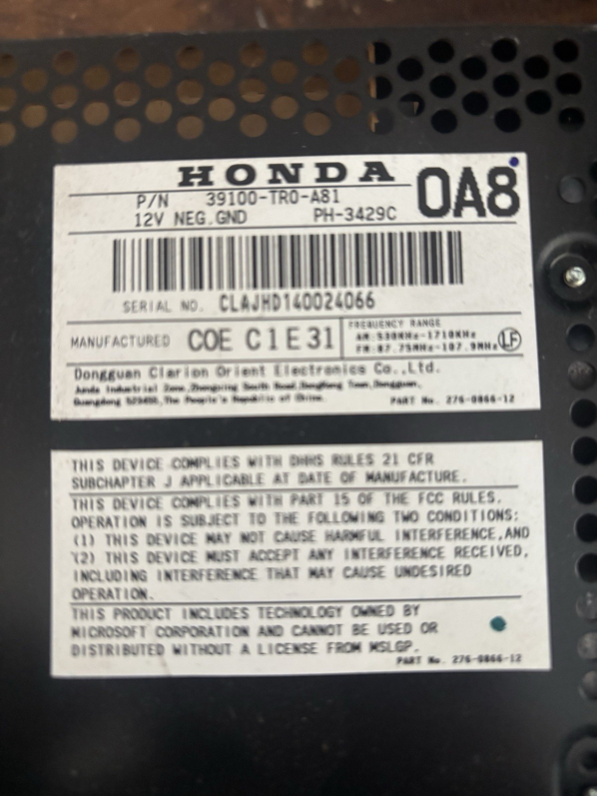 Honda Original equipment Factory Radio. 2012 Honda Civic EX.