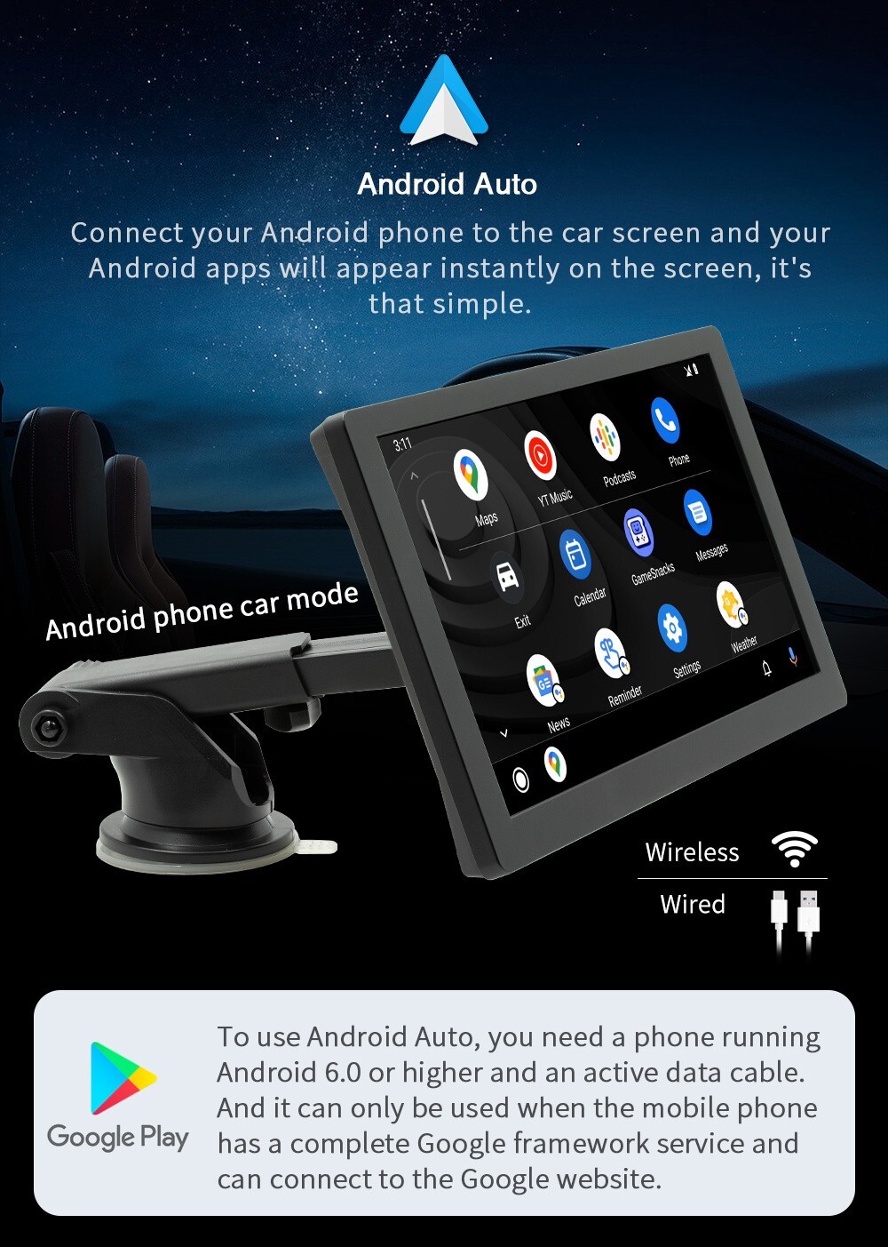 9Inch Car Stereo MP5 Player For Wireless Carplay/Android Auto BT 5.0 Mirror link