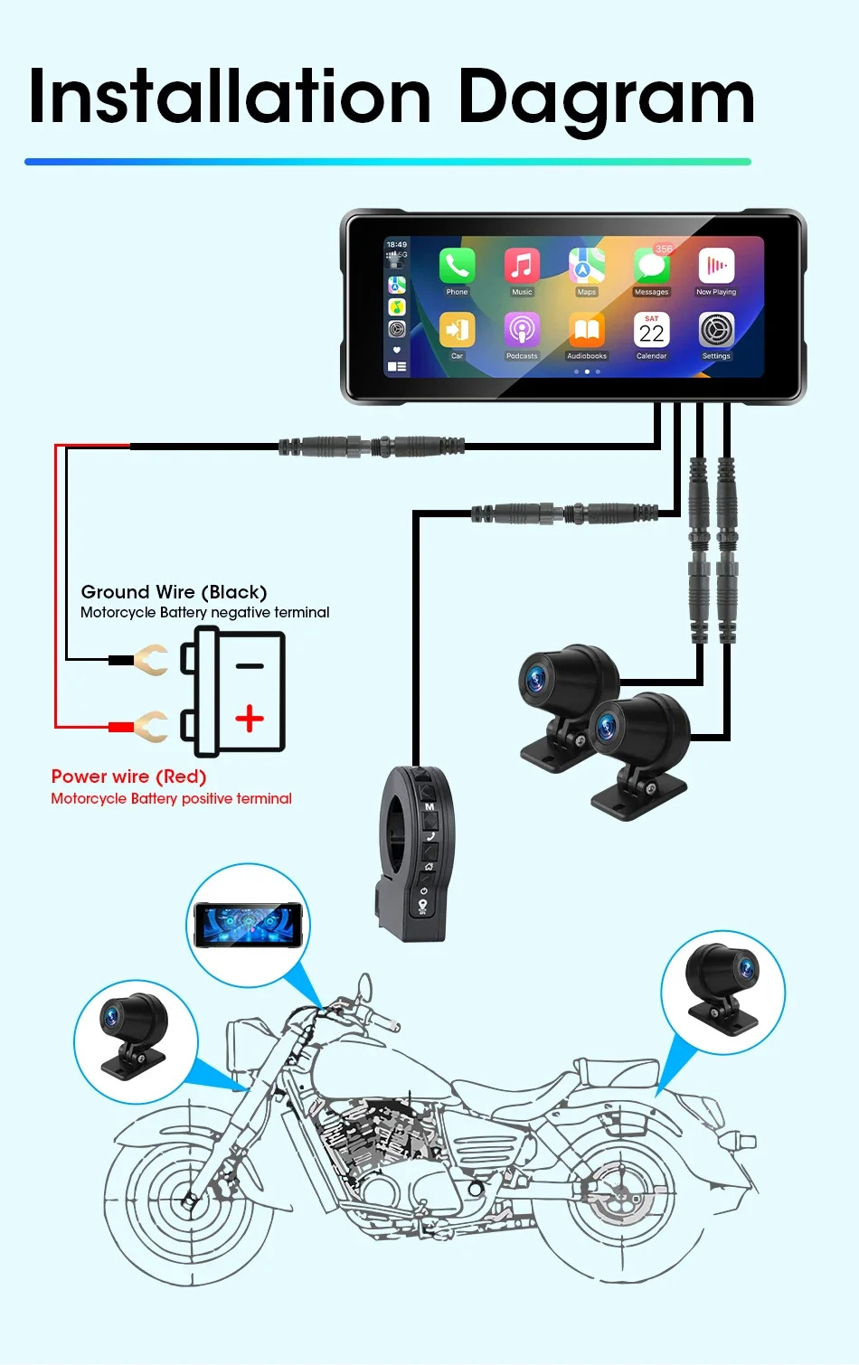 Portable 6.86 inch Motorcycle DVR GPS Navigation 2K Camera Wireless Android