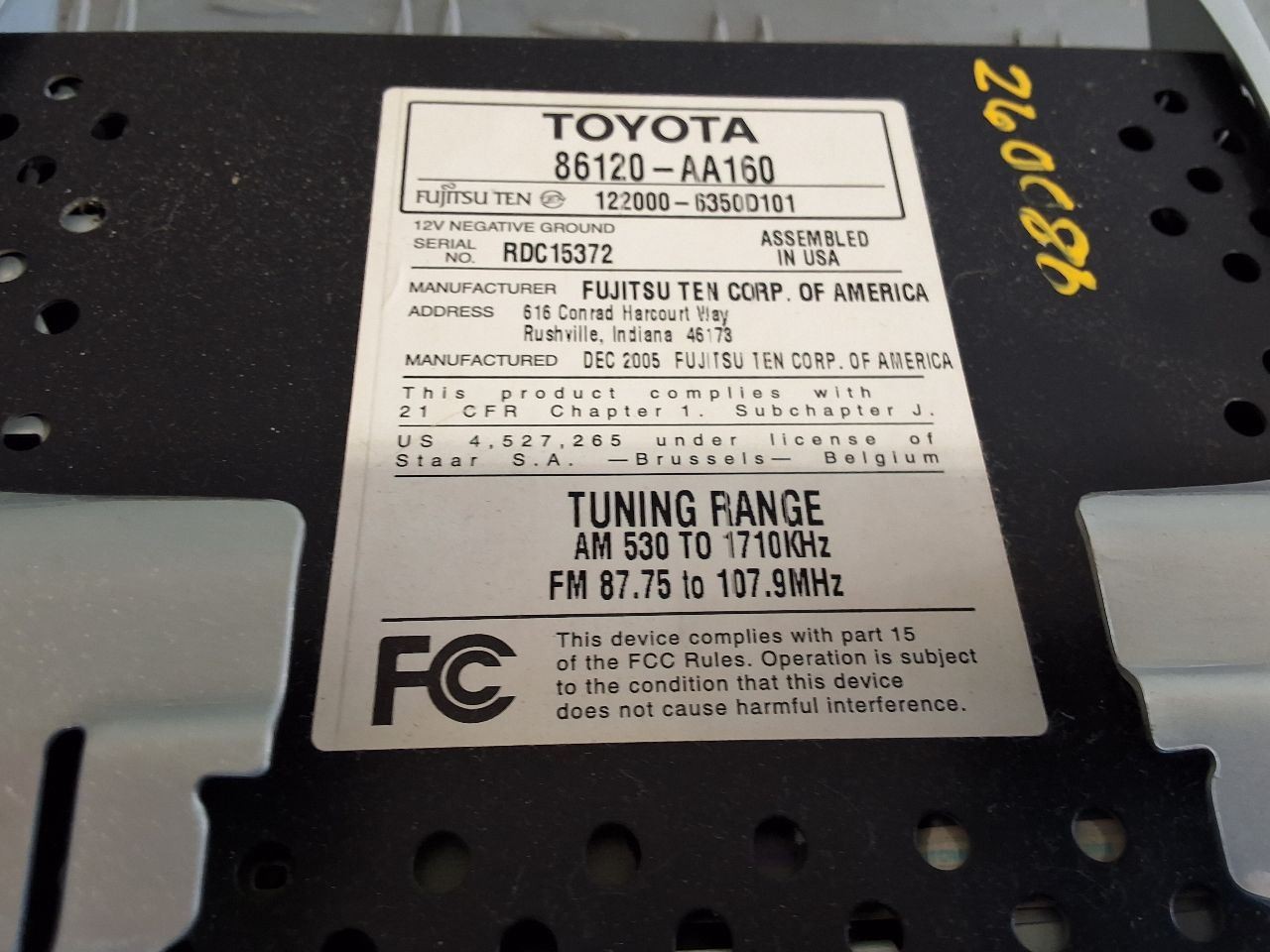 2005-2006 Toyota CAMRY Radio Receiver w/o Navigation Fujitsu Ten Mfr. ID 16860