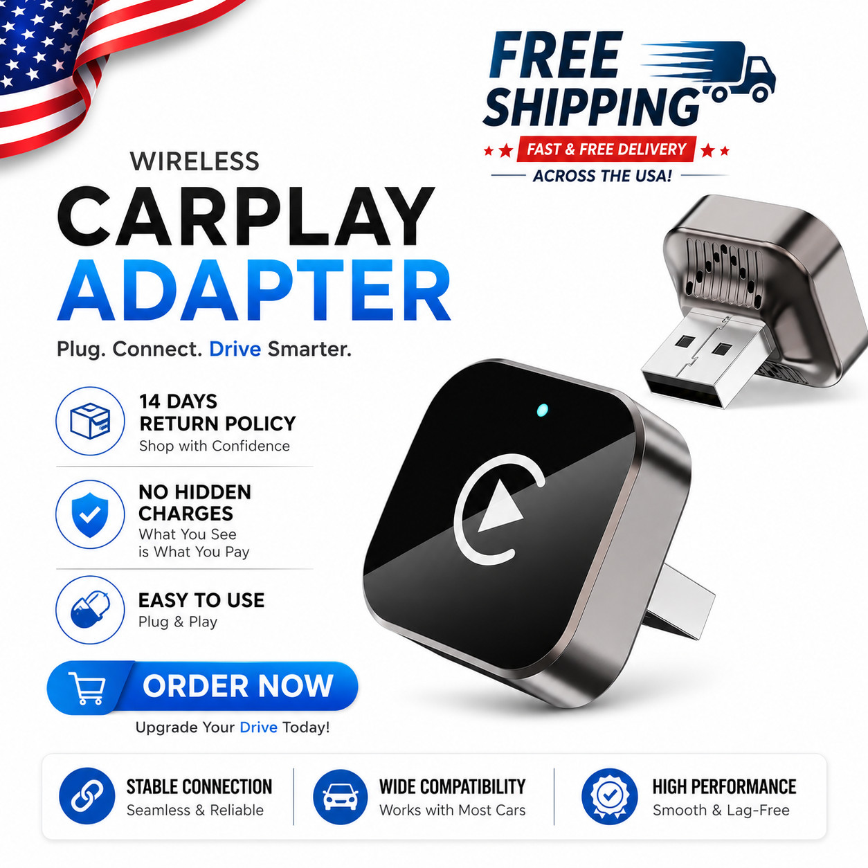2-in-1 Wired to Wireless CarPlay & Android Auto Adapter USB Dongle Plug & Play