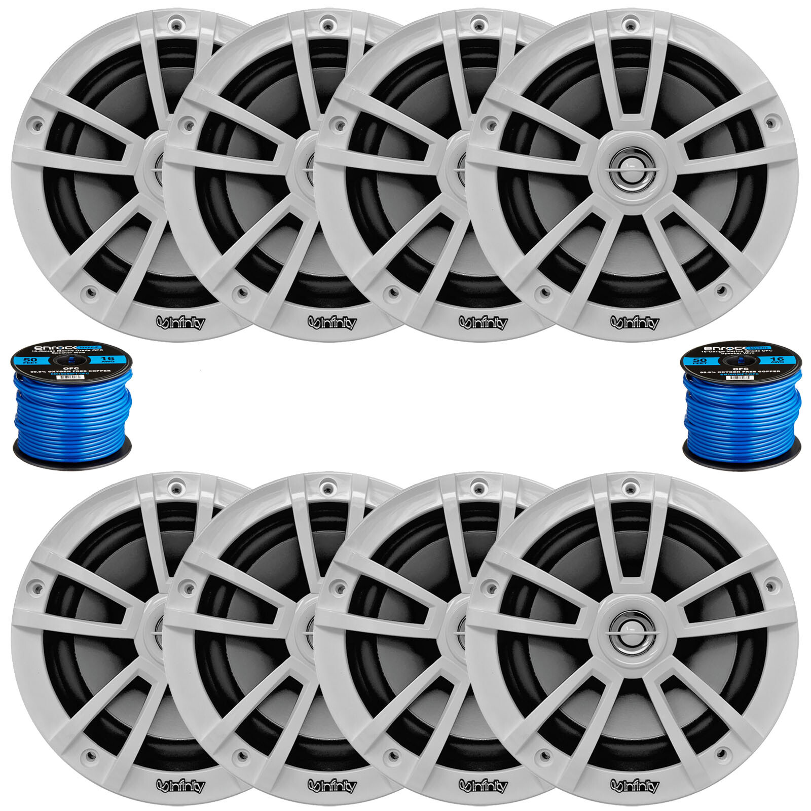 Infinity 6.5″ 225W High-Performance White Boat Speakers (QTY 8) w/ 2x 50 Ft Wire