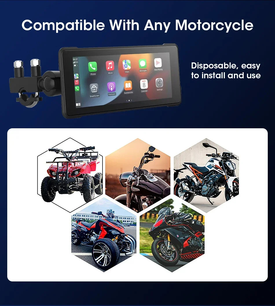 Motorcycle DVR IPX7 Waterproof Wireless Carplay Android Auto Display IPS Screen