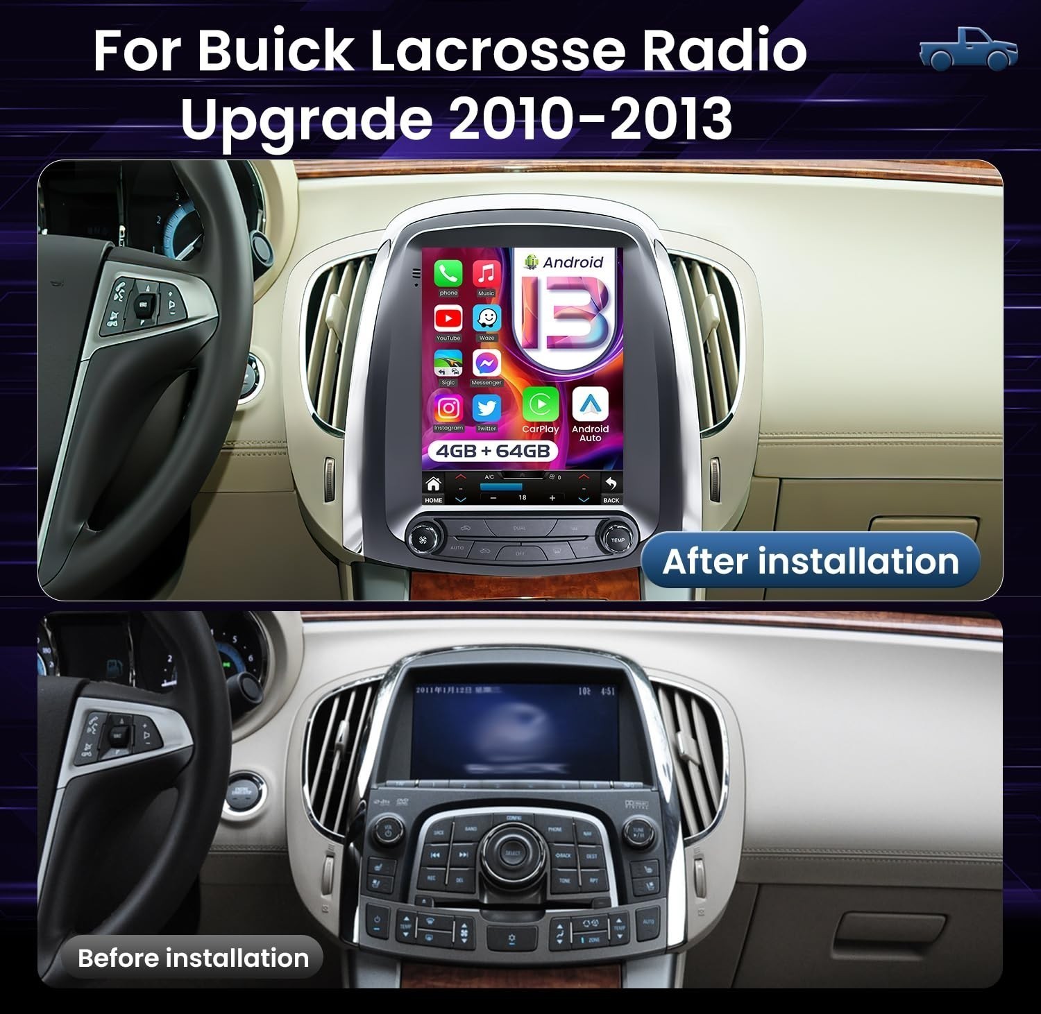Car Radio Stereo Carplay For 2010-2013 Buick LaCrosse 4+64G 9.7in FM RDS
