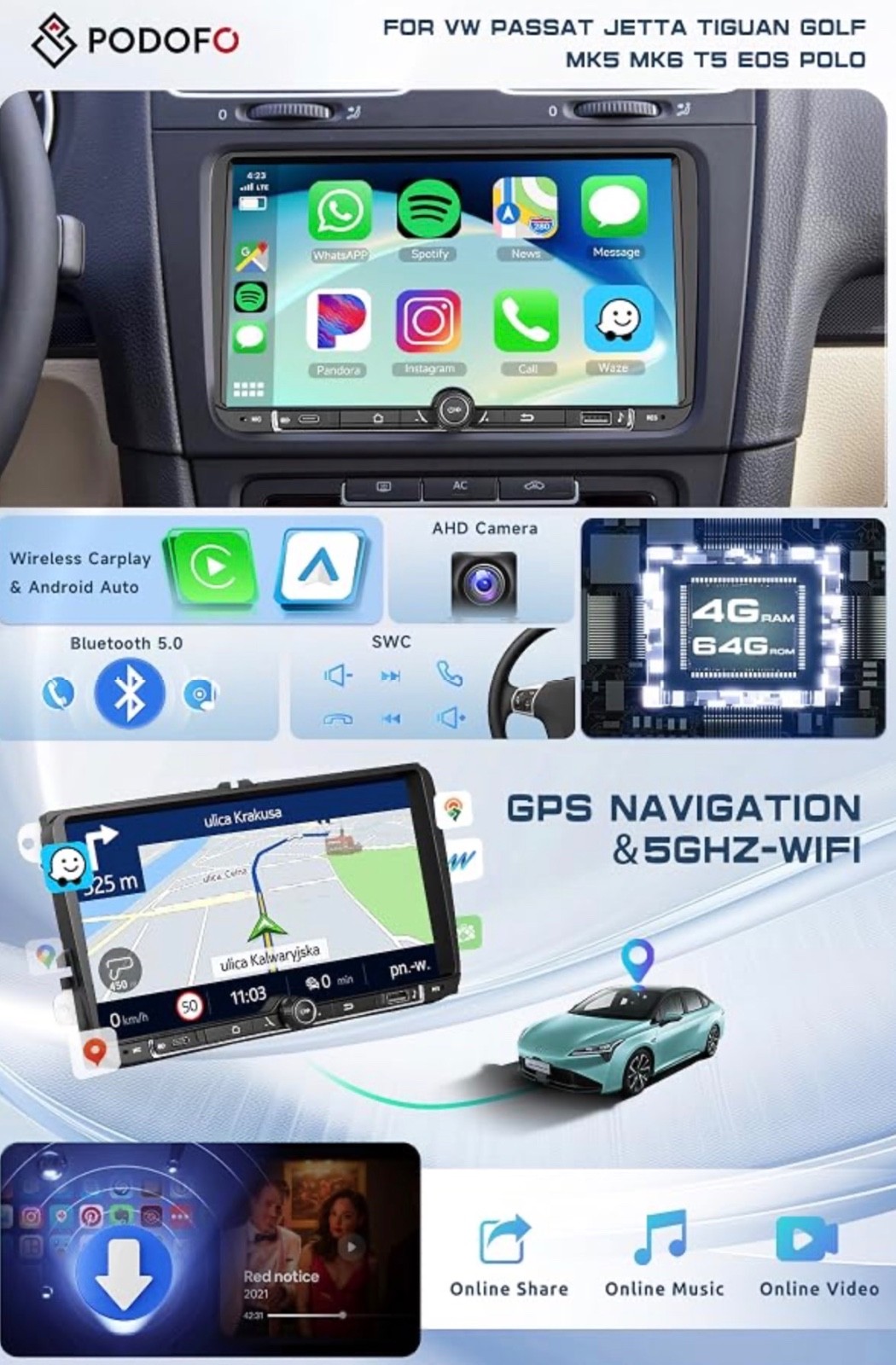 Car Radio Stereo for VW Passat Jetta Tiguan Golf MK5 MK6 T5 Polo android 15 GPS