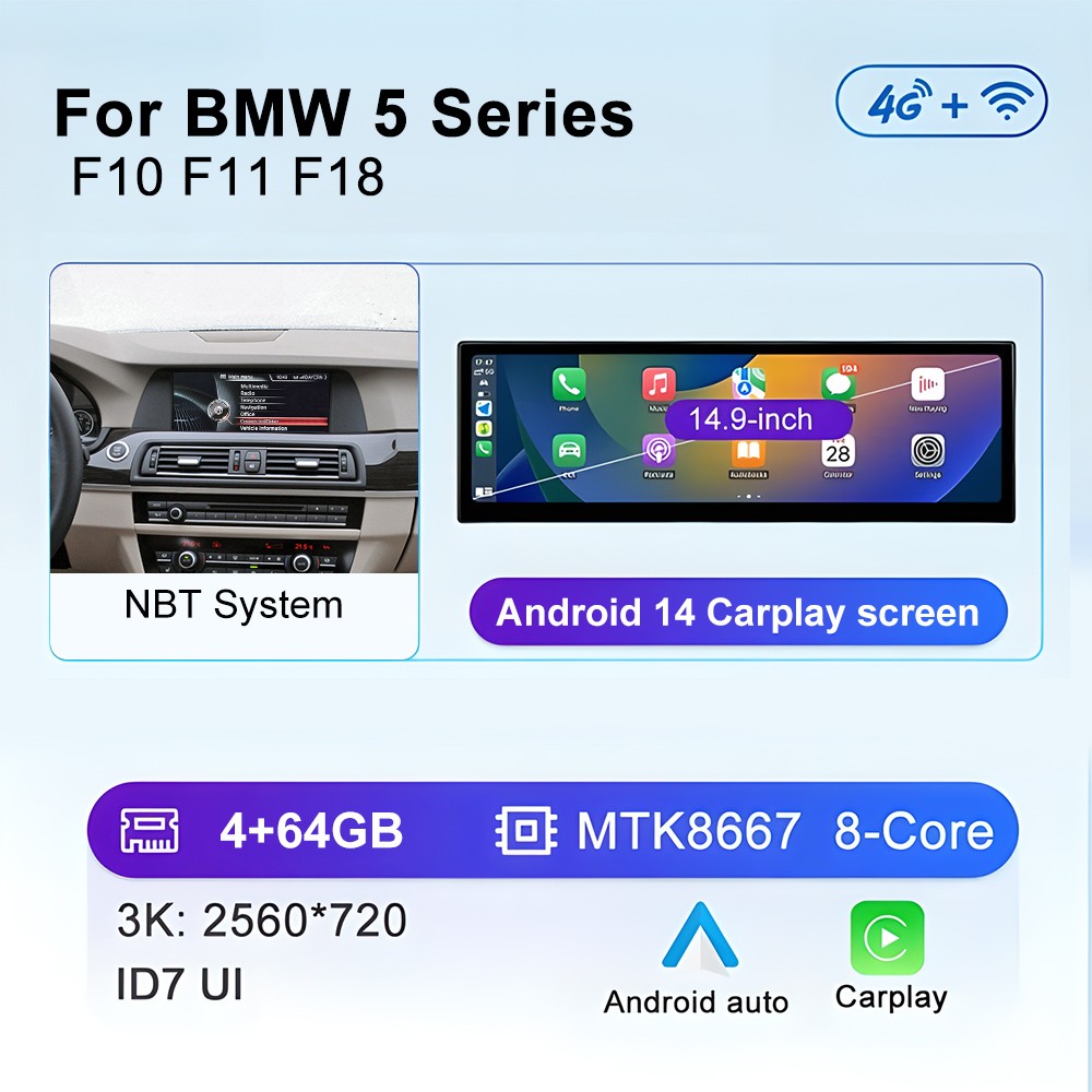 14.9” Android14 Display CarPlay BMW 5 Series F10 F11 CIC 2010 – 2012 G30 4G GPS