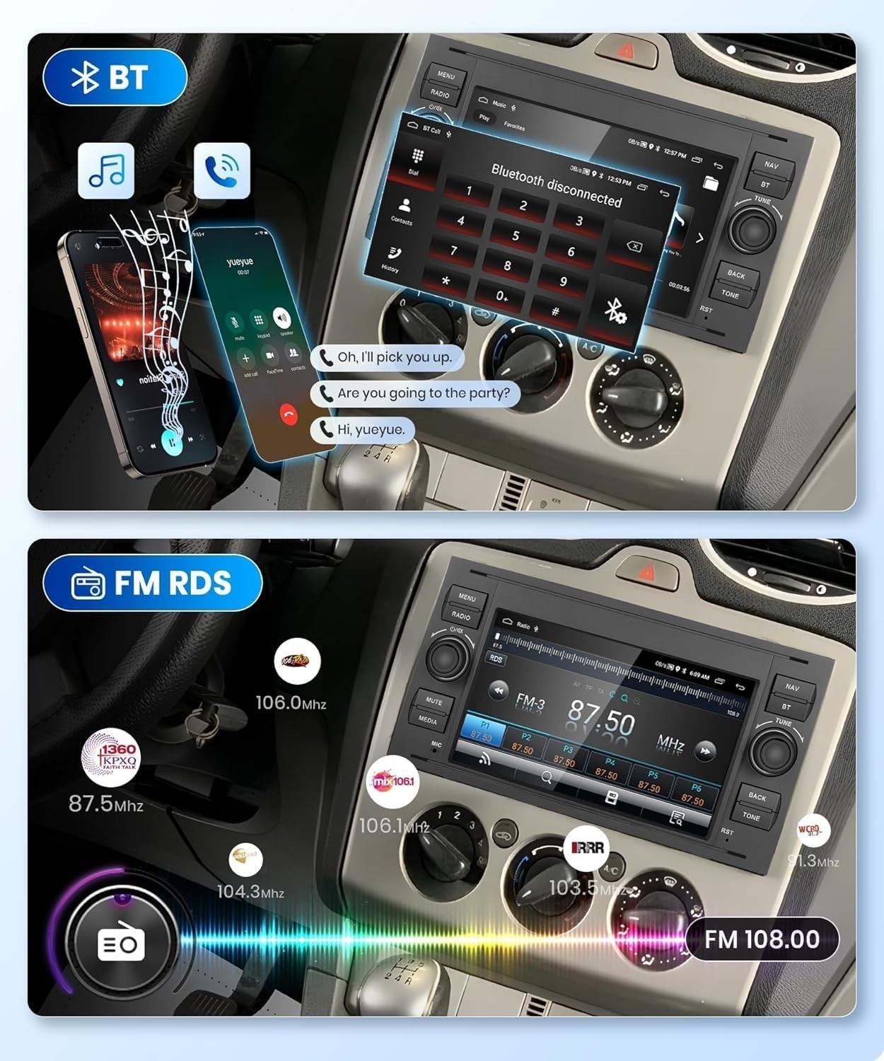 Podofo 7″ Car Stereo for Ford Fiesta/Focus/Transit Wireless CarPlay Android Auto