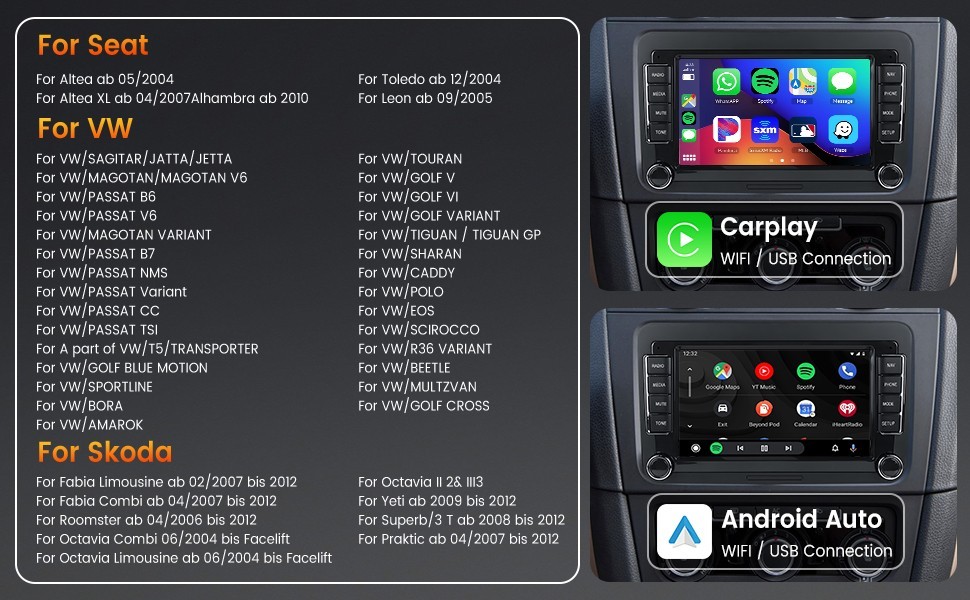 Podofo 2G+64G 7″ HD IPS Touchscreen Android Car Stereo Radio Wireless CarPlay