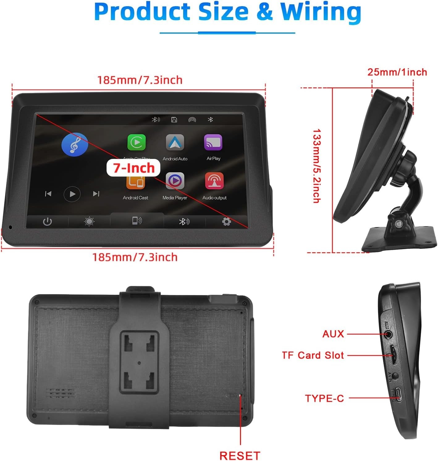Podofo Portable Car Stereo with Wireless Carplay Android Auto 7 Inch IPS Screen