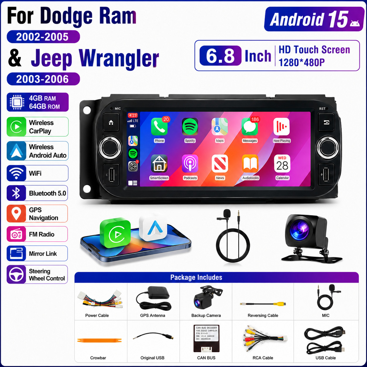 6.8″Android15 Carplay 64GB Car Stereo Radio GPS Navi For 2003-2006 Jeep Wrangler
