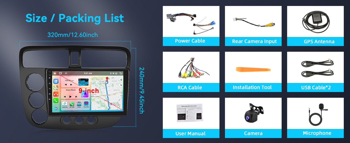 Android 32G Car Play GPS Stereo FM RDS Radio For Honda Civic 4-Door 1.7L 2000-05