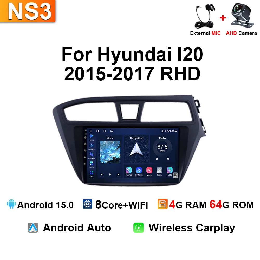 For HYUNDAI i20 RHD 2015-2017 GPS Navi Carplay 9″ Android15 Car Radio Multimedia