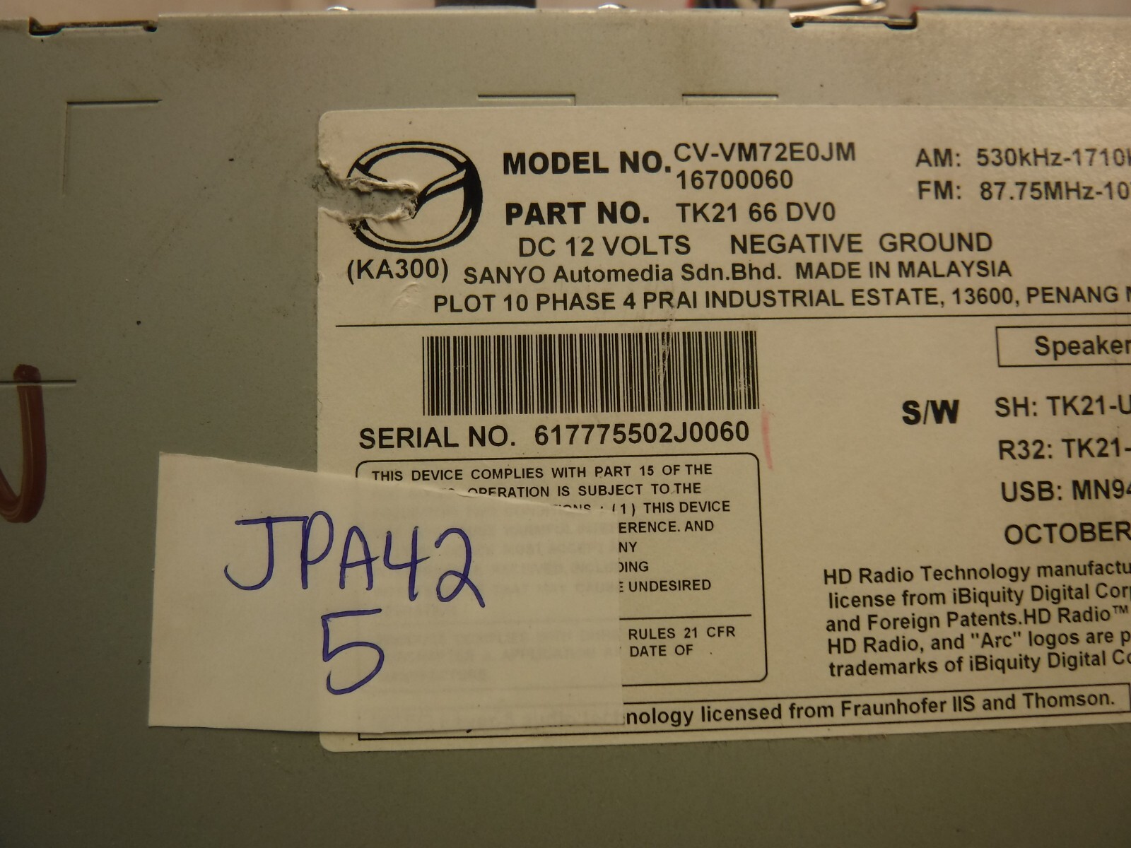 13 14 15 Mazda CX-9 CX9 Radio Cd Gps Navigation TK2166DV0 JPA42