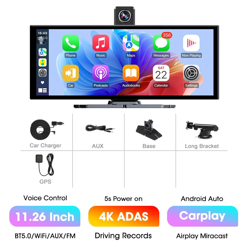 11.26″ 4K ADAS Dash Cam Display Wireless CarPlay Screen DVR Dual Recording Night