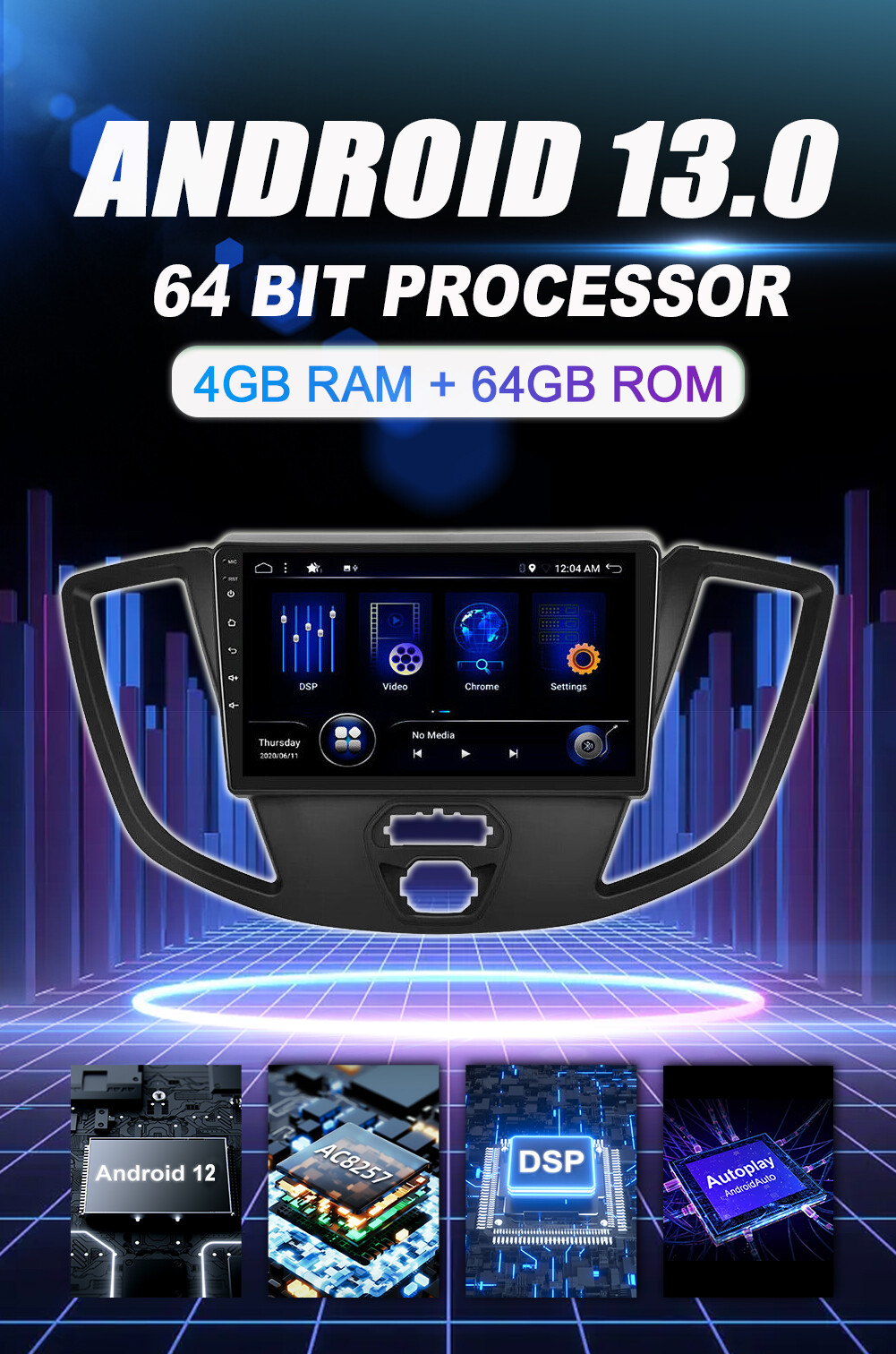 8 CORE FOR Ford Transit Custom 2013-2019 CarPlay Car Stereo GPS DSP Navi 4G+64GB