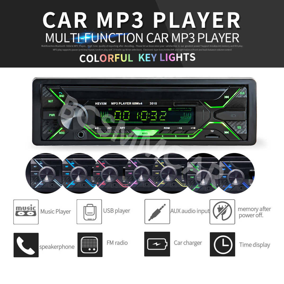 1 Din Car Radio MP3 Player In-Dash Stereo Audio FM AUX USB Bluetooth Hands-free