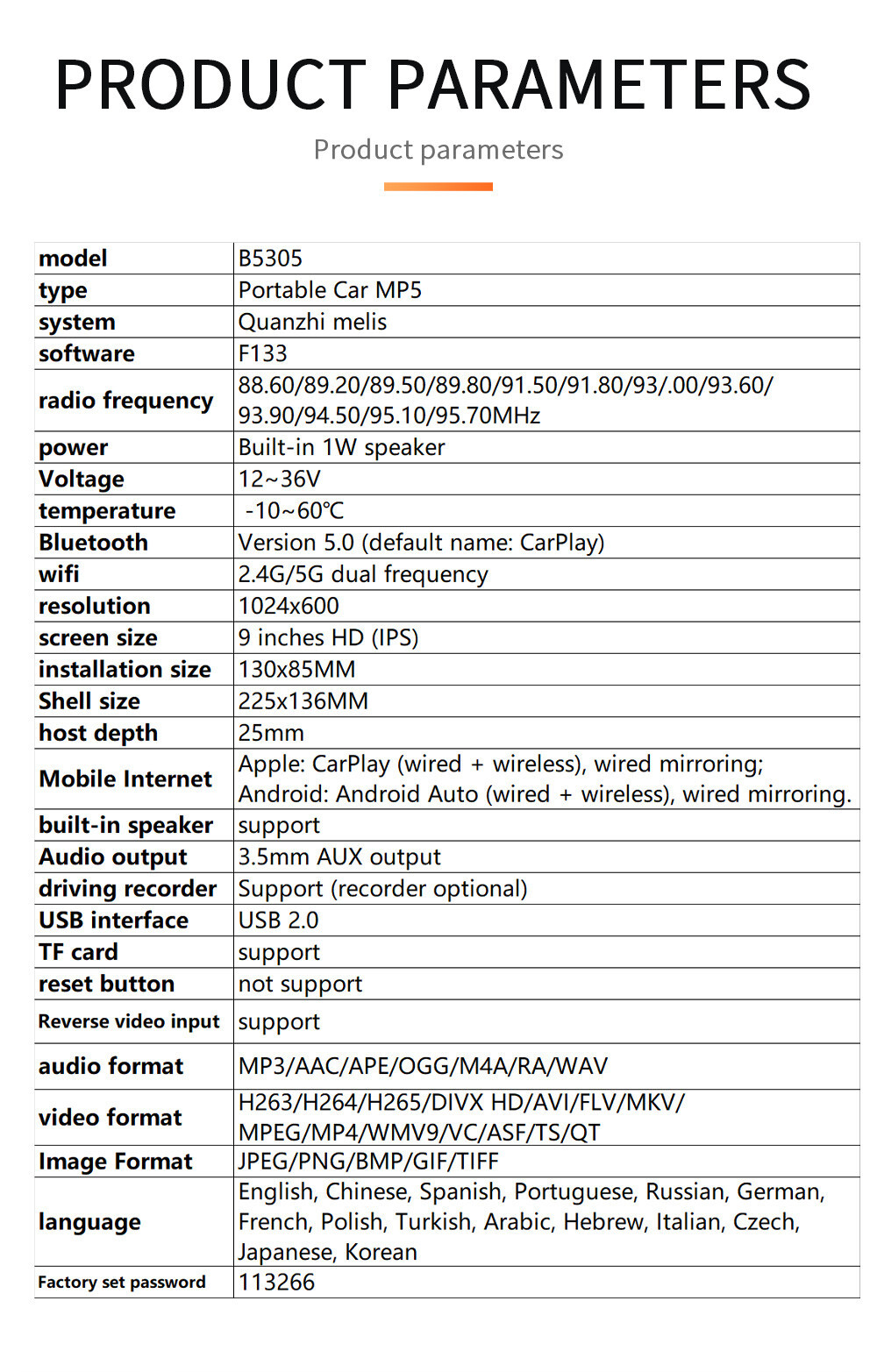 Car Radio MP5 Player For Apple CarPlay Bluetooth Mirror Link Built-in Speaker