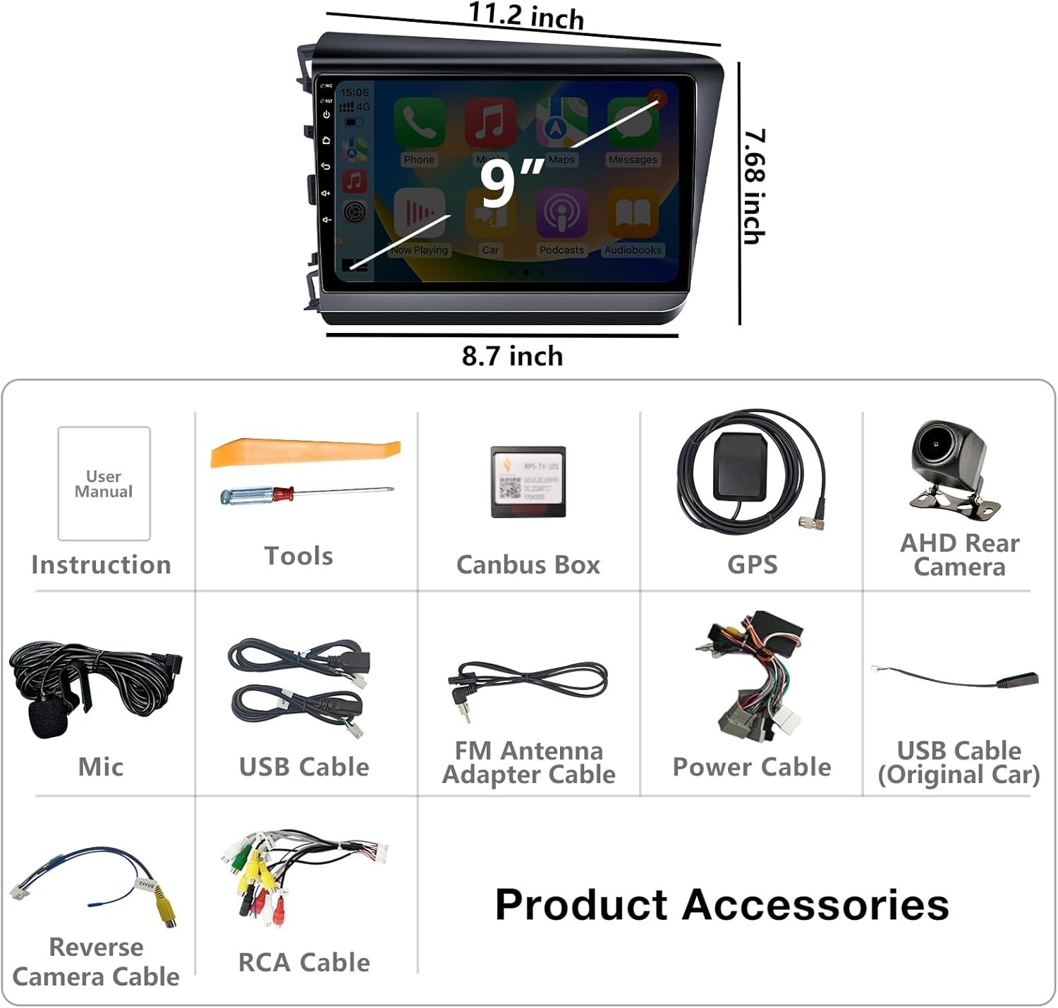 Car Radio Stereo for Honda Civic 2012-15 9 ” Head Unit TScrn W/L CarPlay An
