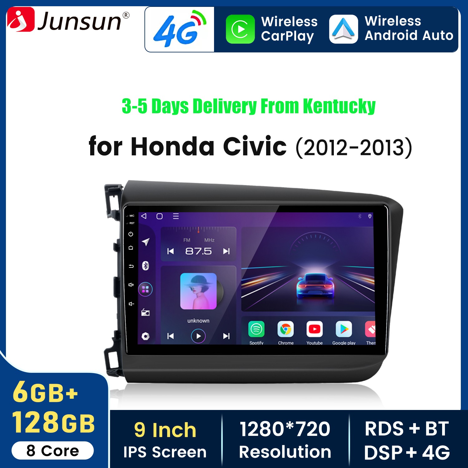 For Honda Civic 12-2015 6+128G Carplay Android 15 Car Stereo Radio GPS Navi WIFI