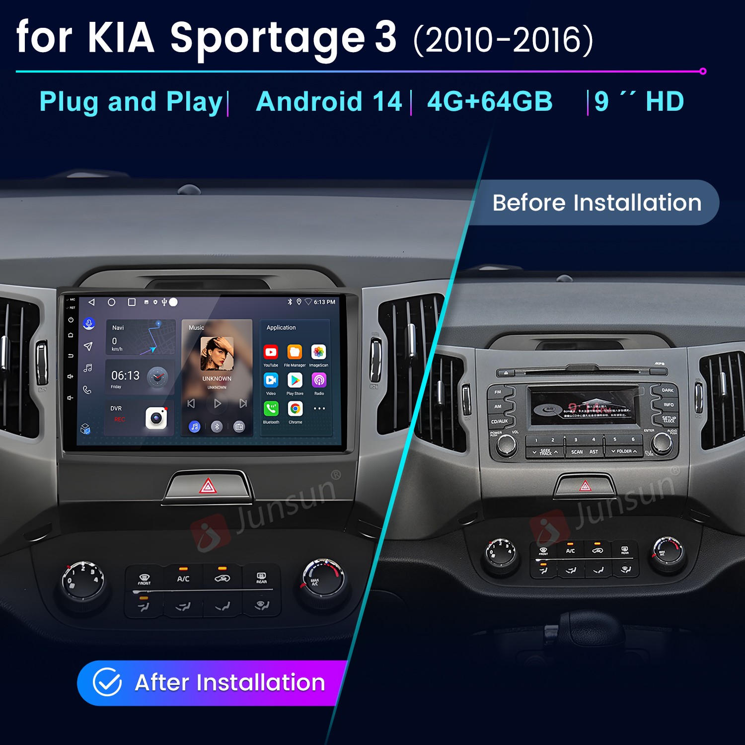 8Core 4+64G Android15 CarPlay For Kia Sportage 2010-2016 Car Stereo Radio GPS BT