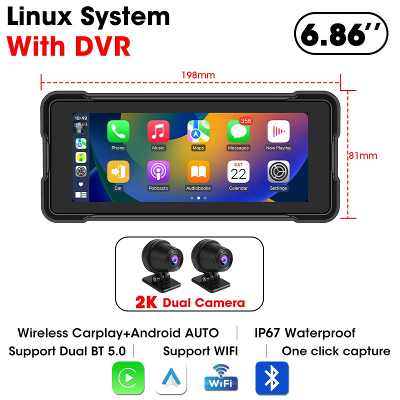 Portable 6.86 inch Motorcycle DVR GPS Navigation 2K Camera Wireless Android