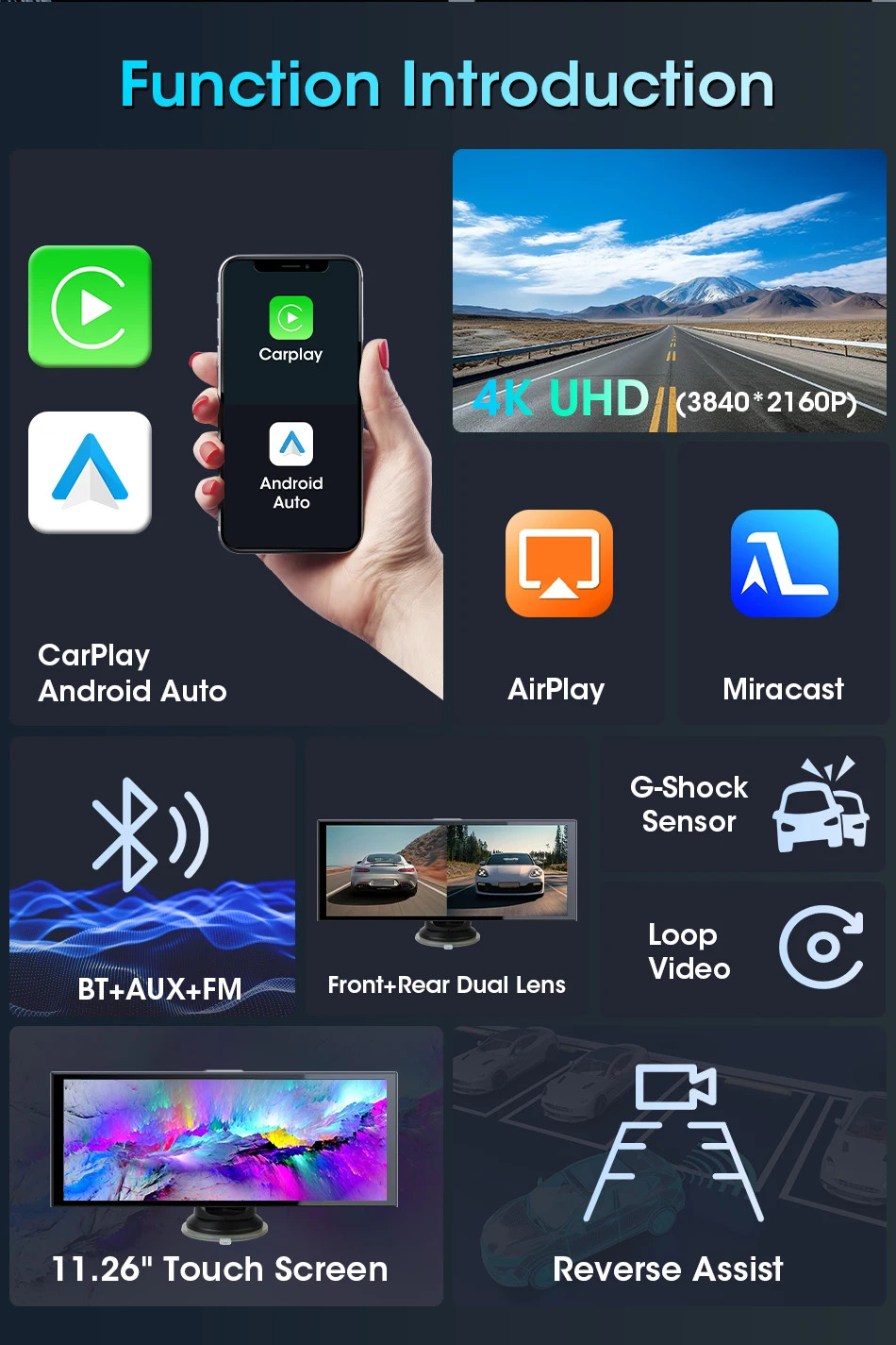 11.26″ 4K ADAS Dash Cam Display Wireless CarPlay Screen DVR Dual Recording Night