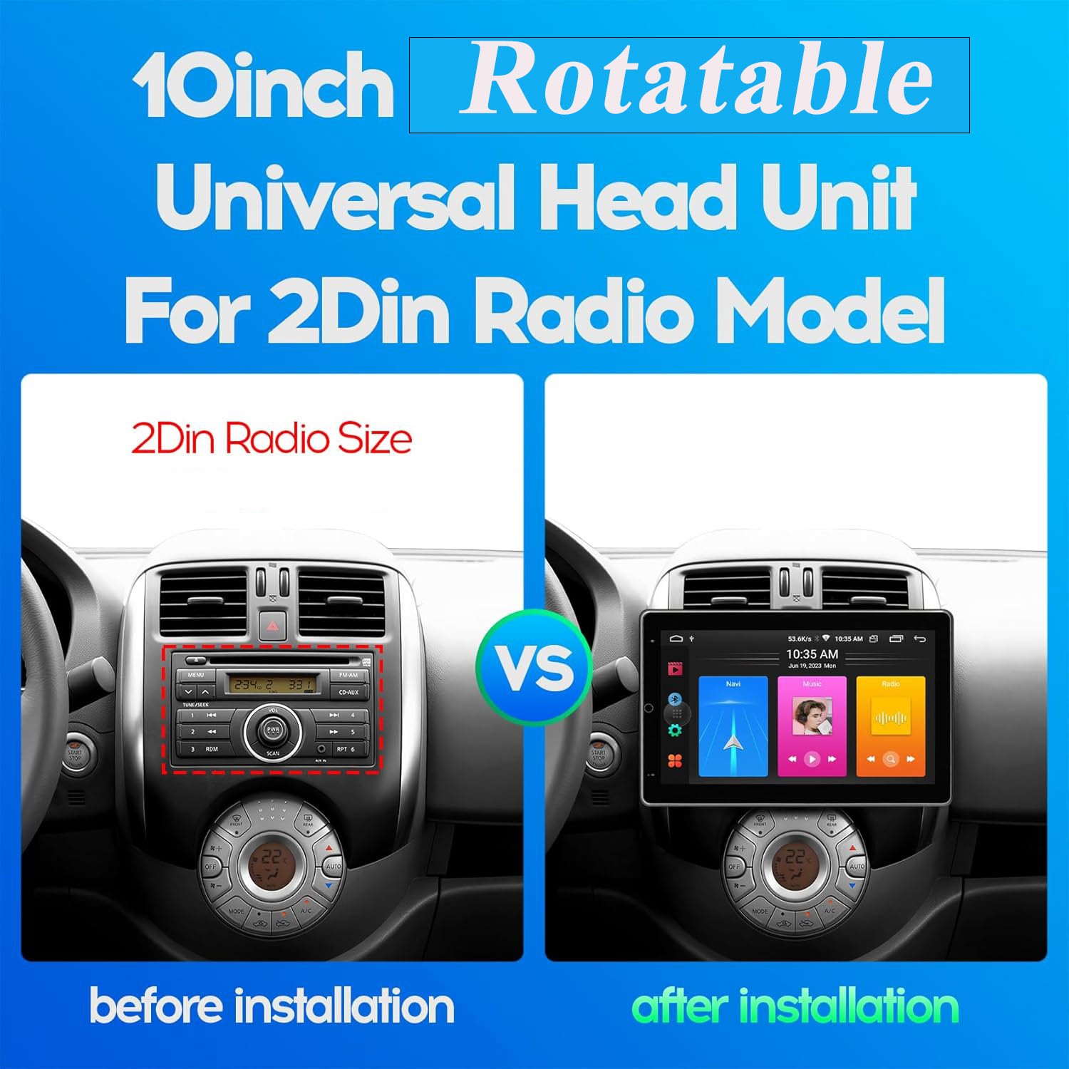 2DIN 10” Rotatable Android 13 Touch Screen Fit For Carplay Car Stereo Radio GPS