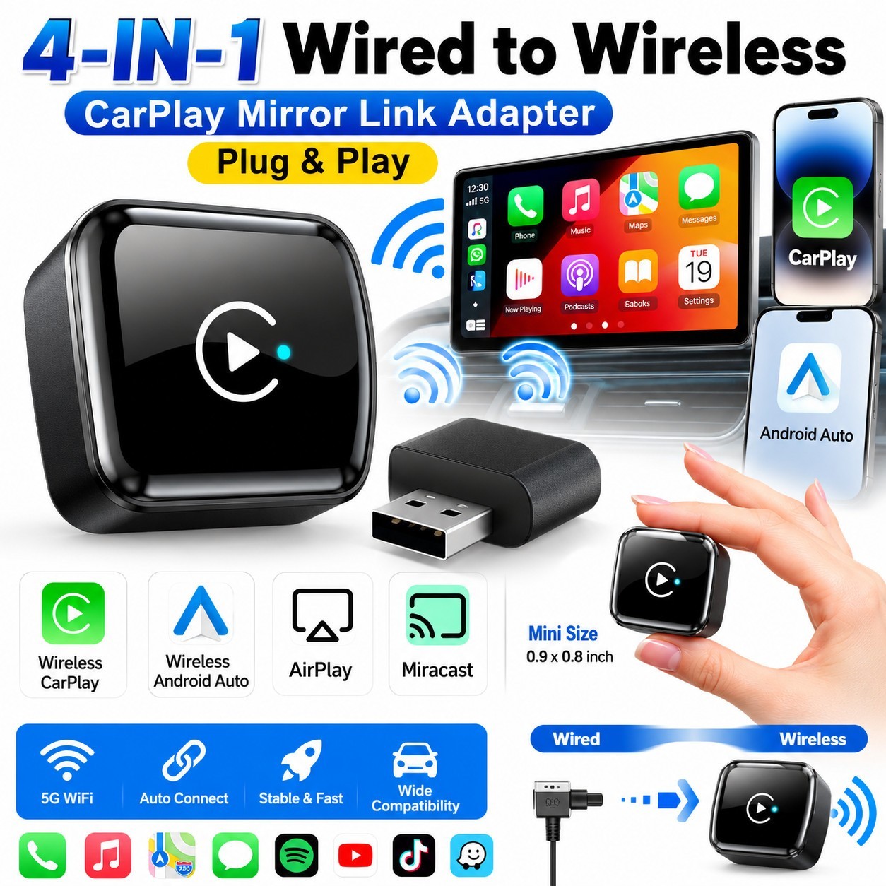 4-in-1 Wireless CarPlay Android Auto Adapter Plug & Play USB for iPhone Android