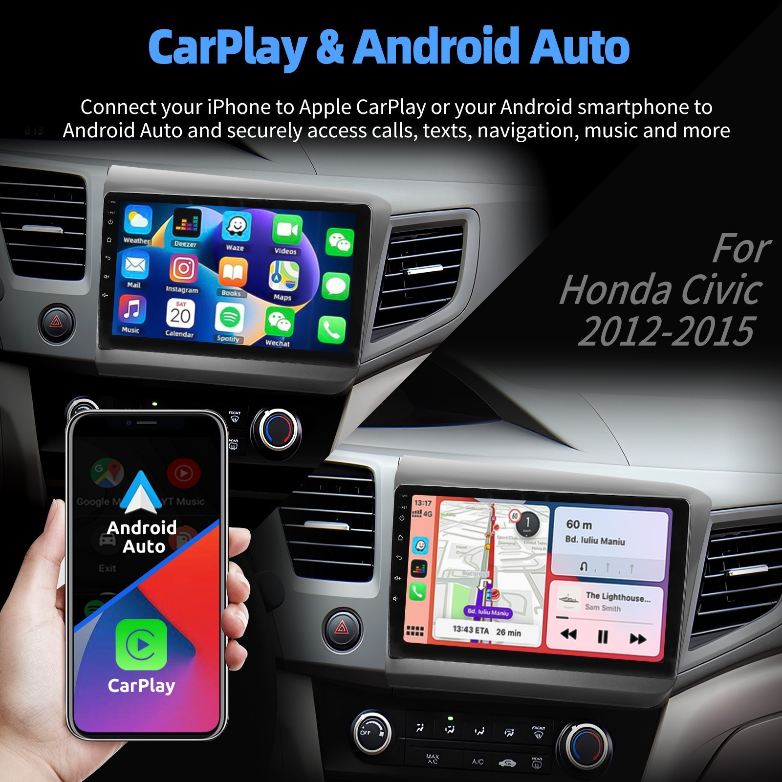 For Honda Civic 2012 Android 15 Carplay 9 inch Car Stereo WIFI GPS Navi 4+64G BT
