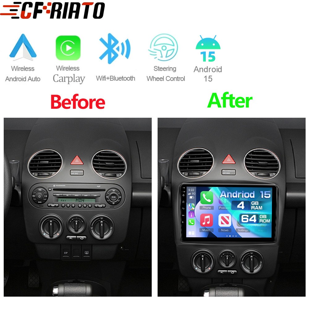 4+64GB Carplay For VW Beetle 2001-2010 Android 15 Car Radio Stereo Navi GPS Unit
