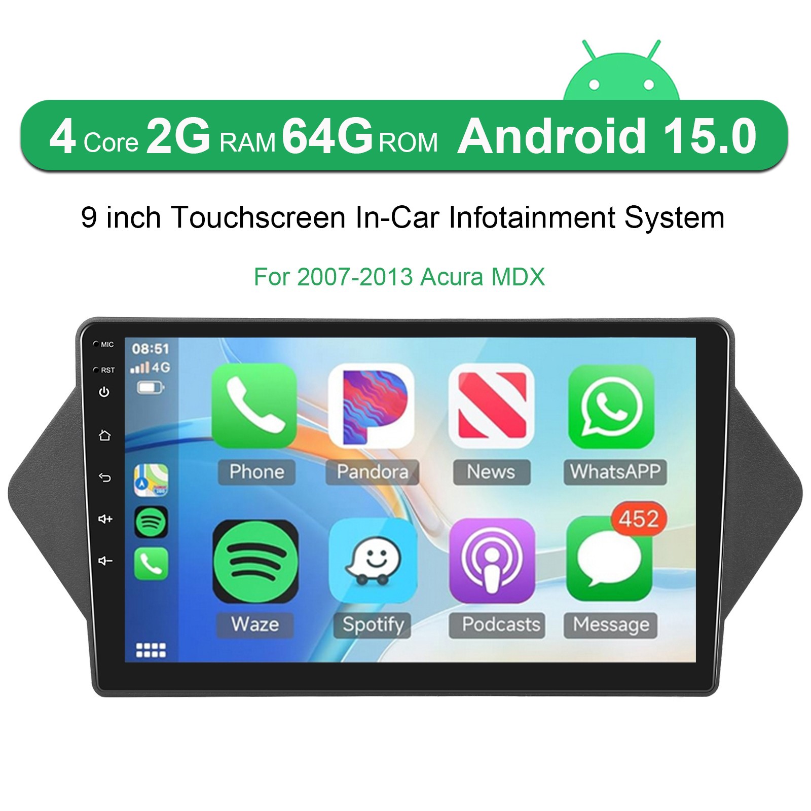 Carplay Android 15 For 2007-2013 Acura MDX Car Stereo Radio GPS Navi WIFI 2+64GB