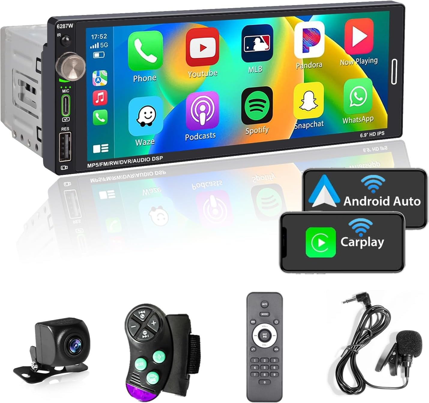 Single DIN Wireless CarPlay Android Auto 6.9″ Car Stereo w/ RDS AM/FM Bluetooth
