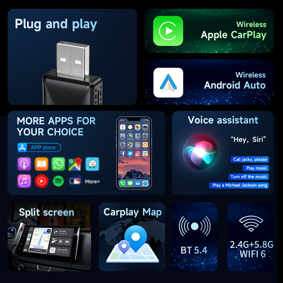 Wireless Carplay Adapter Android Auto Adapter USB Car Dongle Connect Box 2-in-1