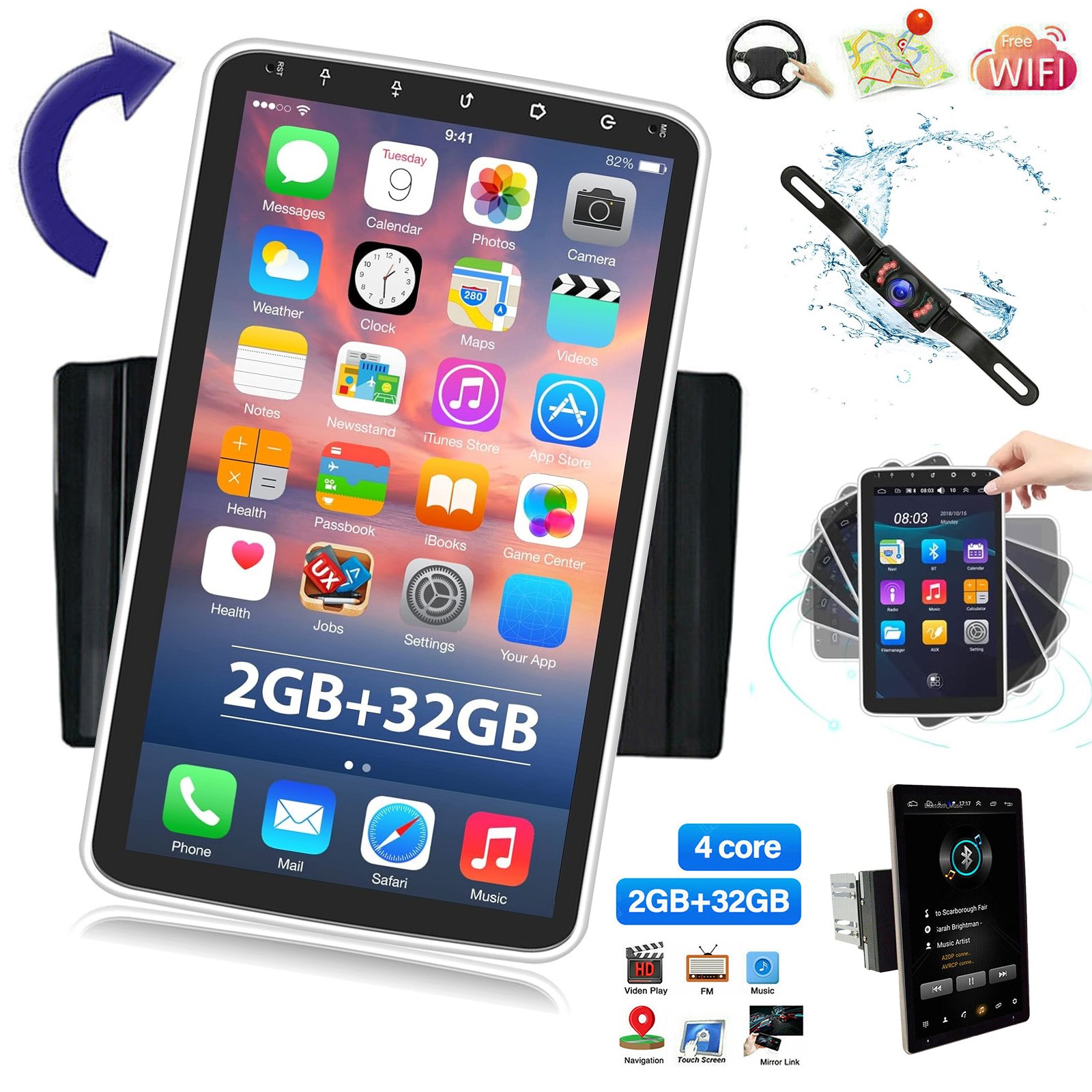 10in Double Din Car Stereo Rotatable Wireless Carplay Android 13 Audio Receiver