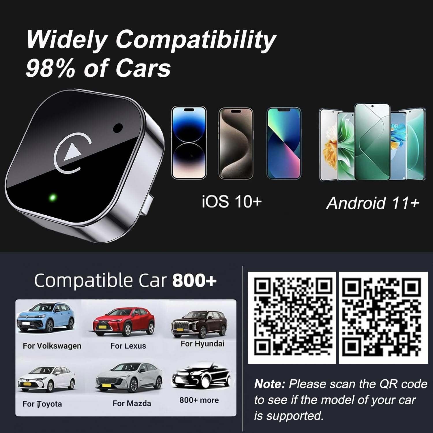 Wireless CarPlay Adapter for Apple iPhone & Android Auto USB Adapter Plug & Play