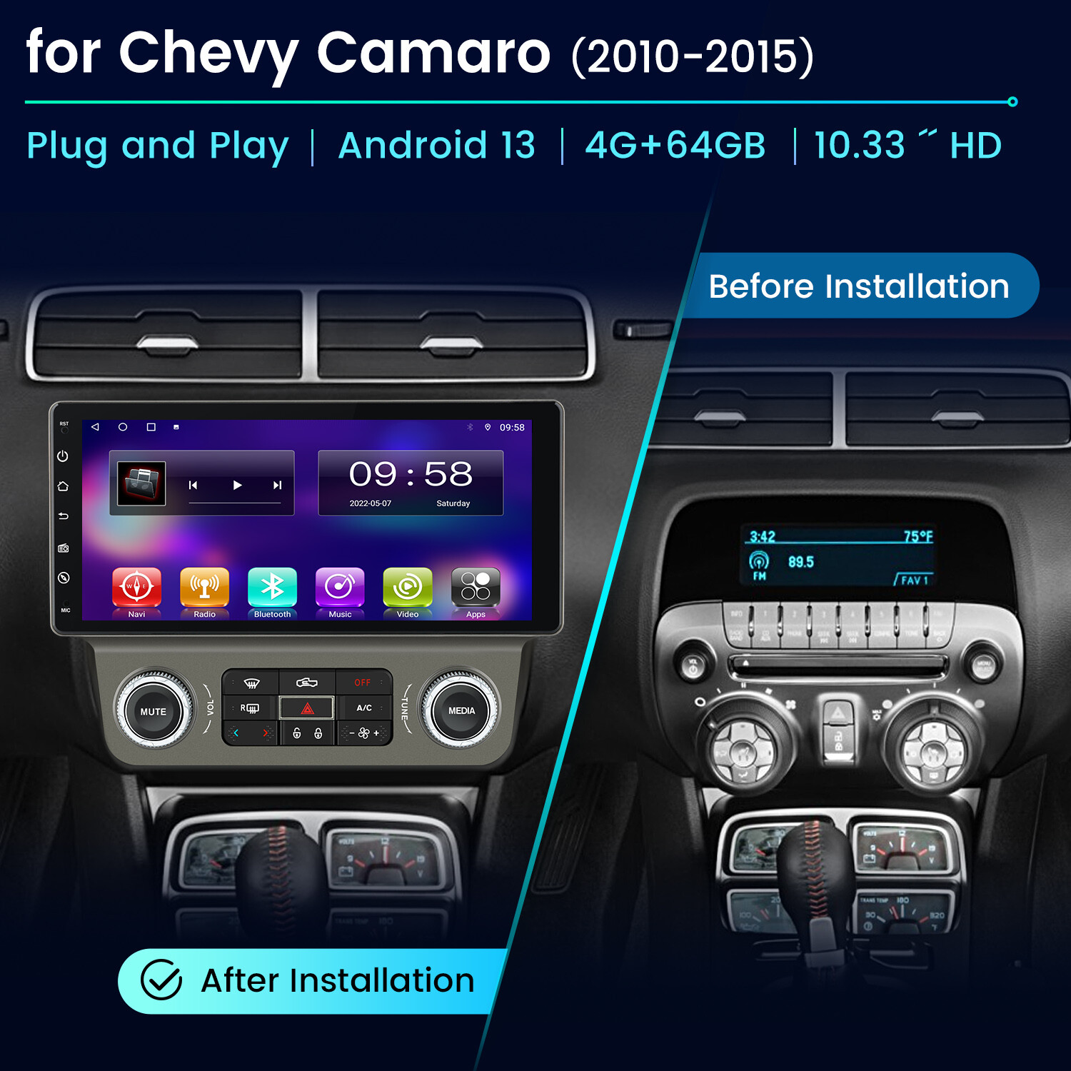 4+64G Android13 Car Stereo Radio GPS Navi 4G WIFI For Chevrolet Camaro 2010-2015