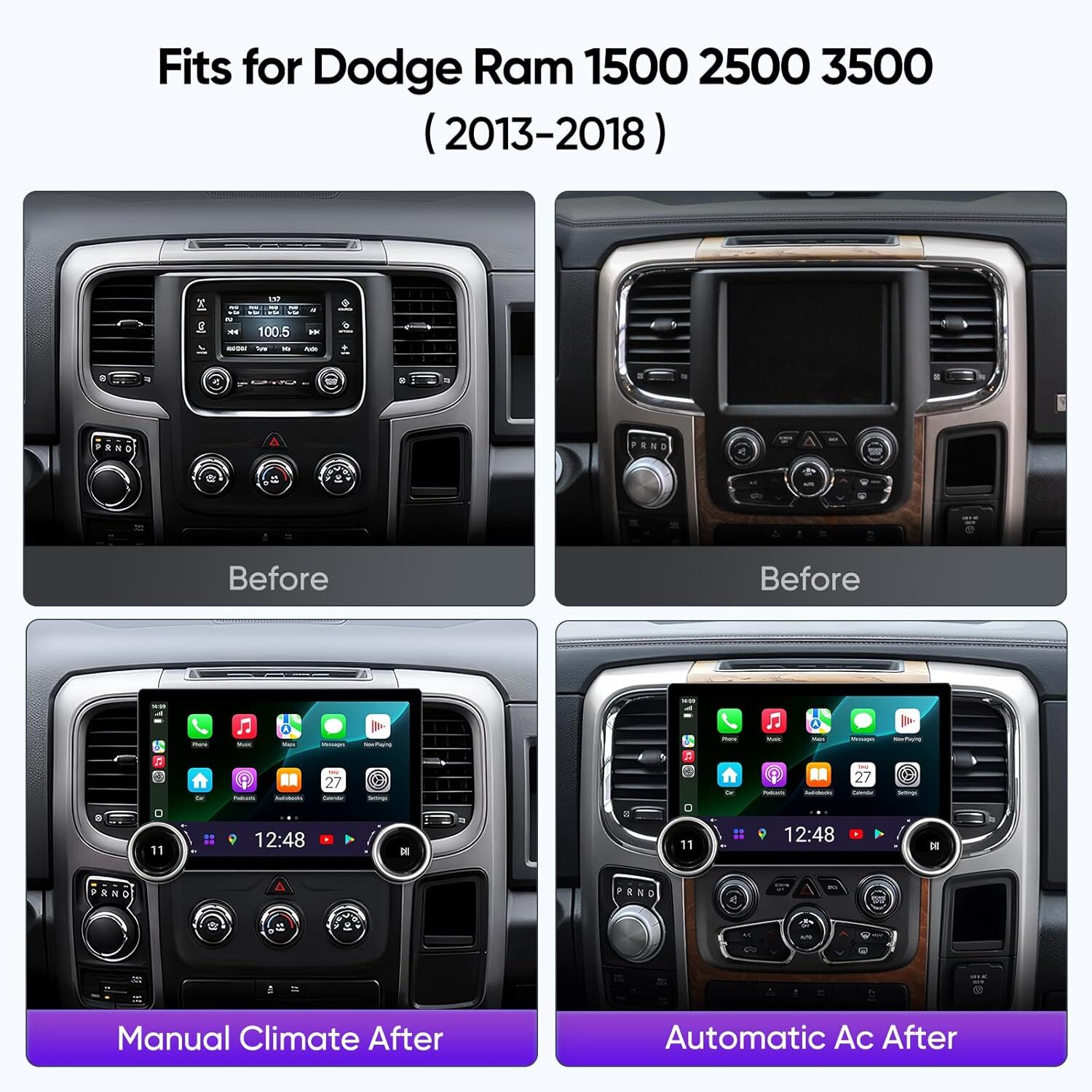Car Stereo for Dodge Ram 1500-3500 2013-2018 Wireless CarPlay, Android Auto 4+64