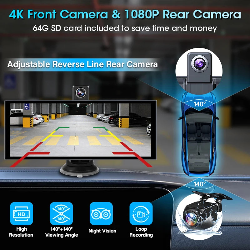 11.26″ 4K ADAS Dash Cam Display Wireless CarPlay Screen DVR Dual Recording Night
