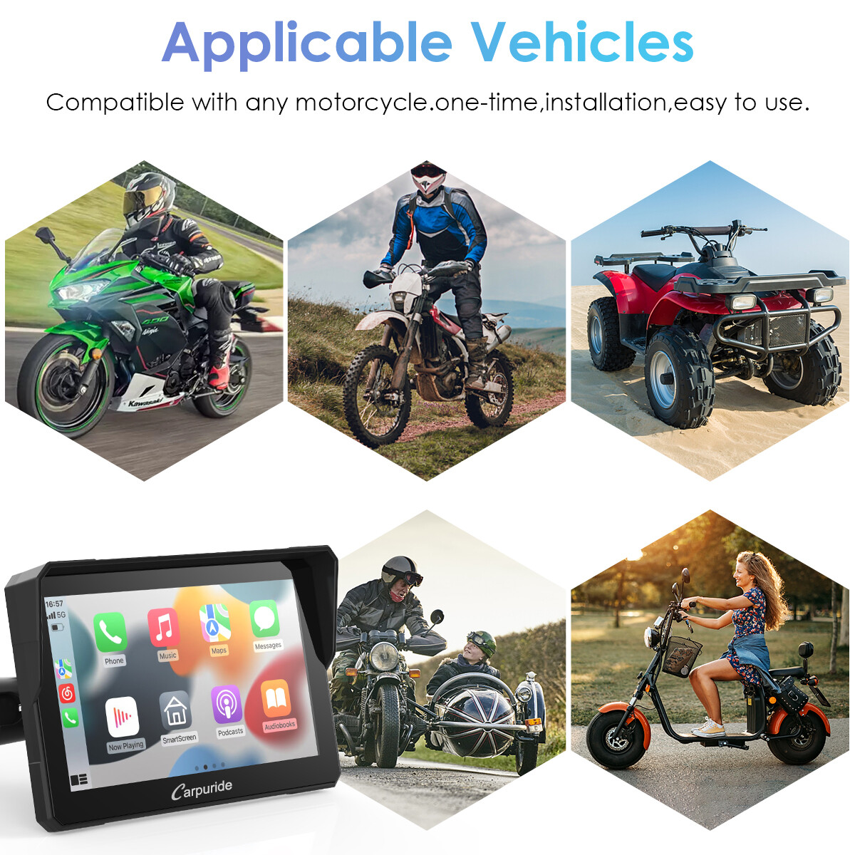 Carpuride 7Inch Motorcycle Stereo Bluetooth Wireless Apple CarPlay Android Auto