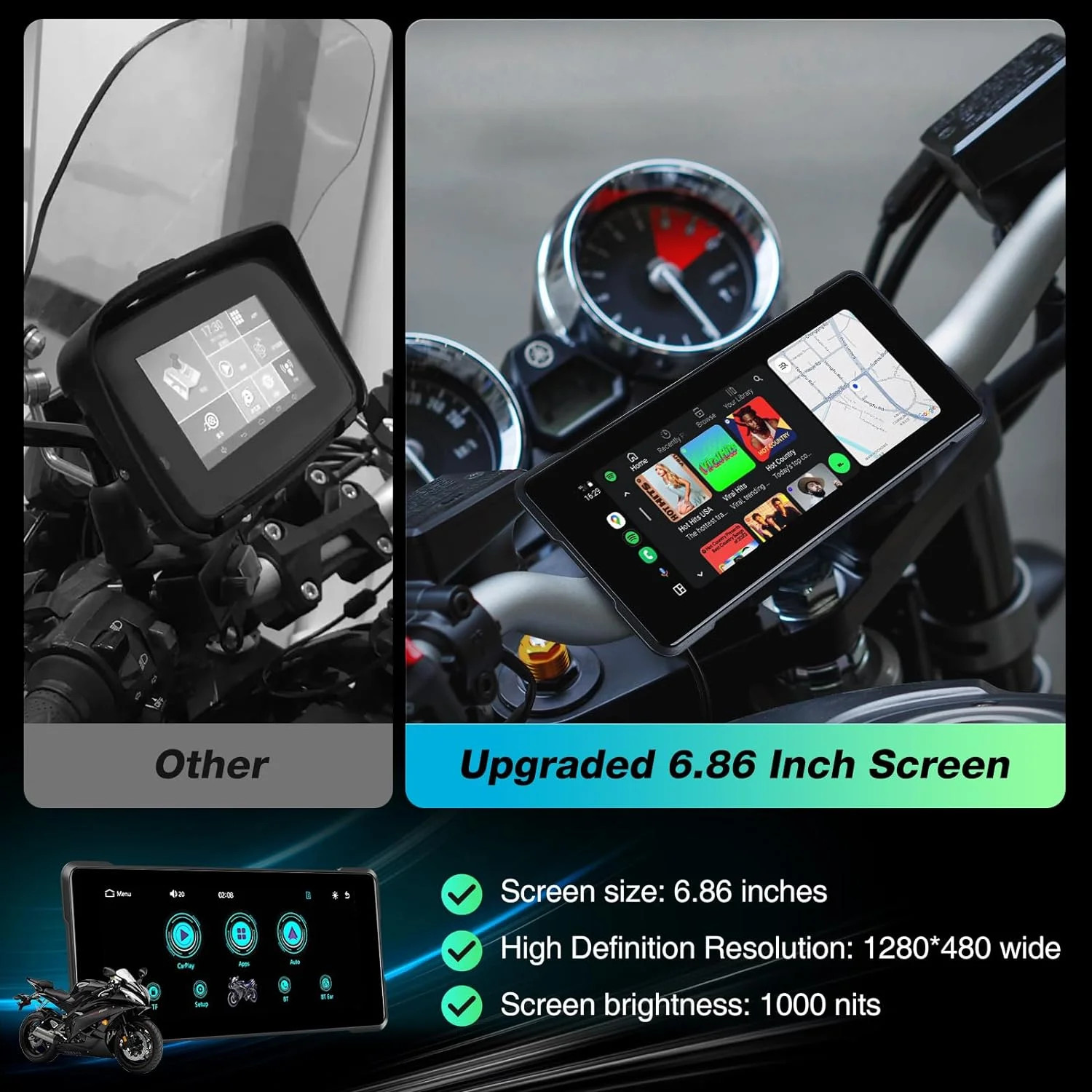 Motorcycle DVR IPX7 Waterproof Wireless Carplay Android Auto Display IPS Screen